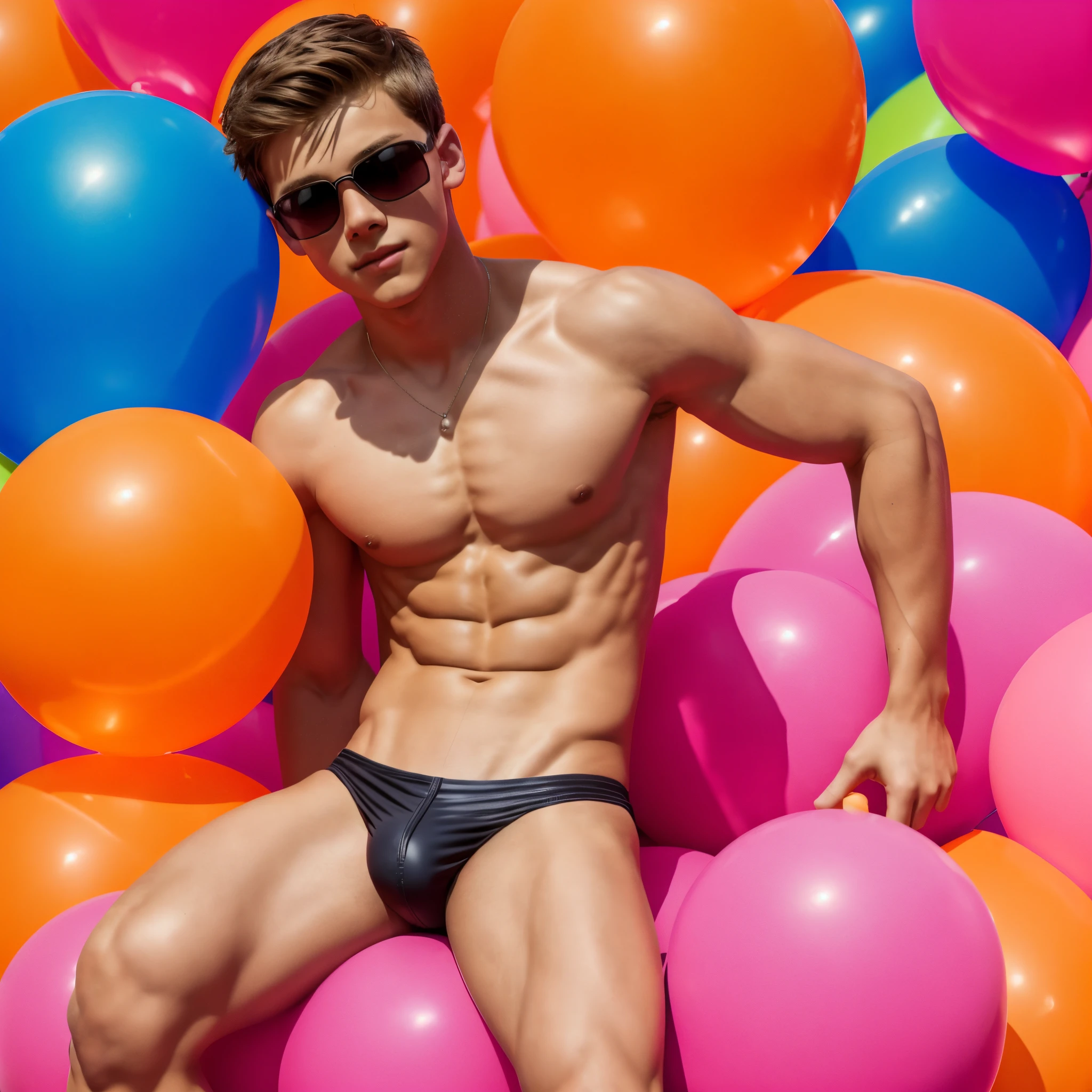 boy, sitting on big orange balloon between legs, wearing pink speedos, shirtless, abs, thin body, hugging orange balloons, popping pink balloons, handsome, youthful, boyish, cute, black military sunglasses, photography, realistic, indoor soft lighting