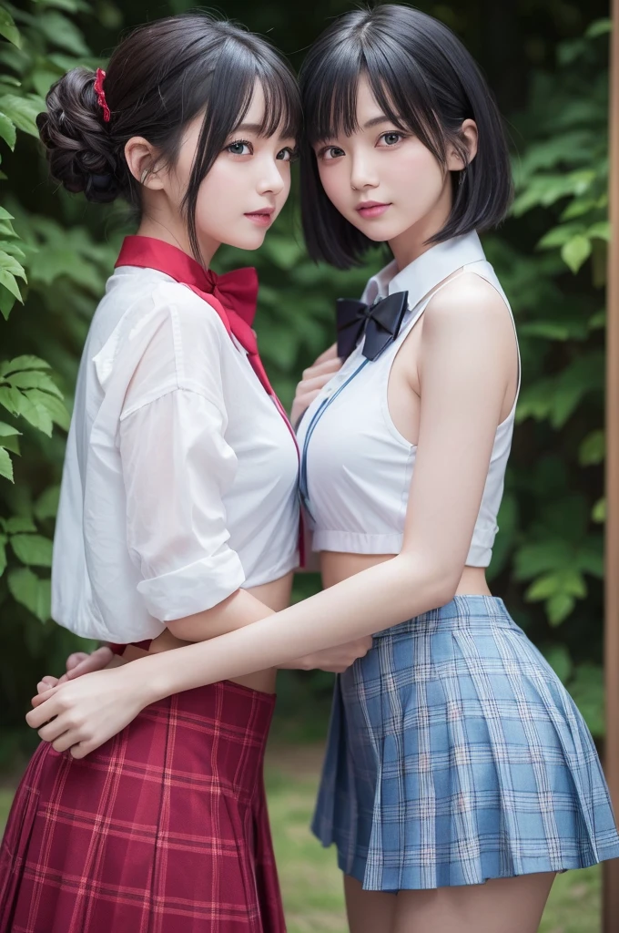 ((Two girls,duo,Face Focus,stroking,Posture Color))"Beautiful female characters in anime style、Navel,short blue hair、e Blue Eyes、A smile、blazers、white  shirt、red bowtie、Red plaid skirt、Person holding black stocking goke、Scene of dancing in the summer garden。With high quality portrayal and highest quality、emphasizing thighs、In the bright sun、The whole body glows、Draw gorgeous drawings。"pure background， hight resolution， detaileds， RAW photogr， Sharp Re， 「Nikon D850 Film」Stock photo of Jeffries Lee 4 Kodak Portra 400 Camera F1.6 shots, Rich colors, Ultra-realistic vivid textures, Dramatic Lighting, Unreal Engine Art Station Trends, Synestil 800，
(Photo by Canon EOS R6, 85 mm, 1/1, F/2.0, ISO 400)、extra detailed body、extra detailed face、best qualtiy:1.2)