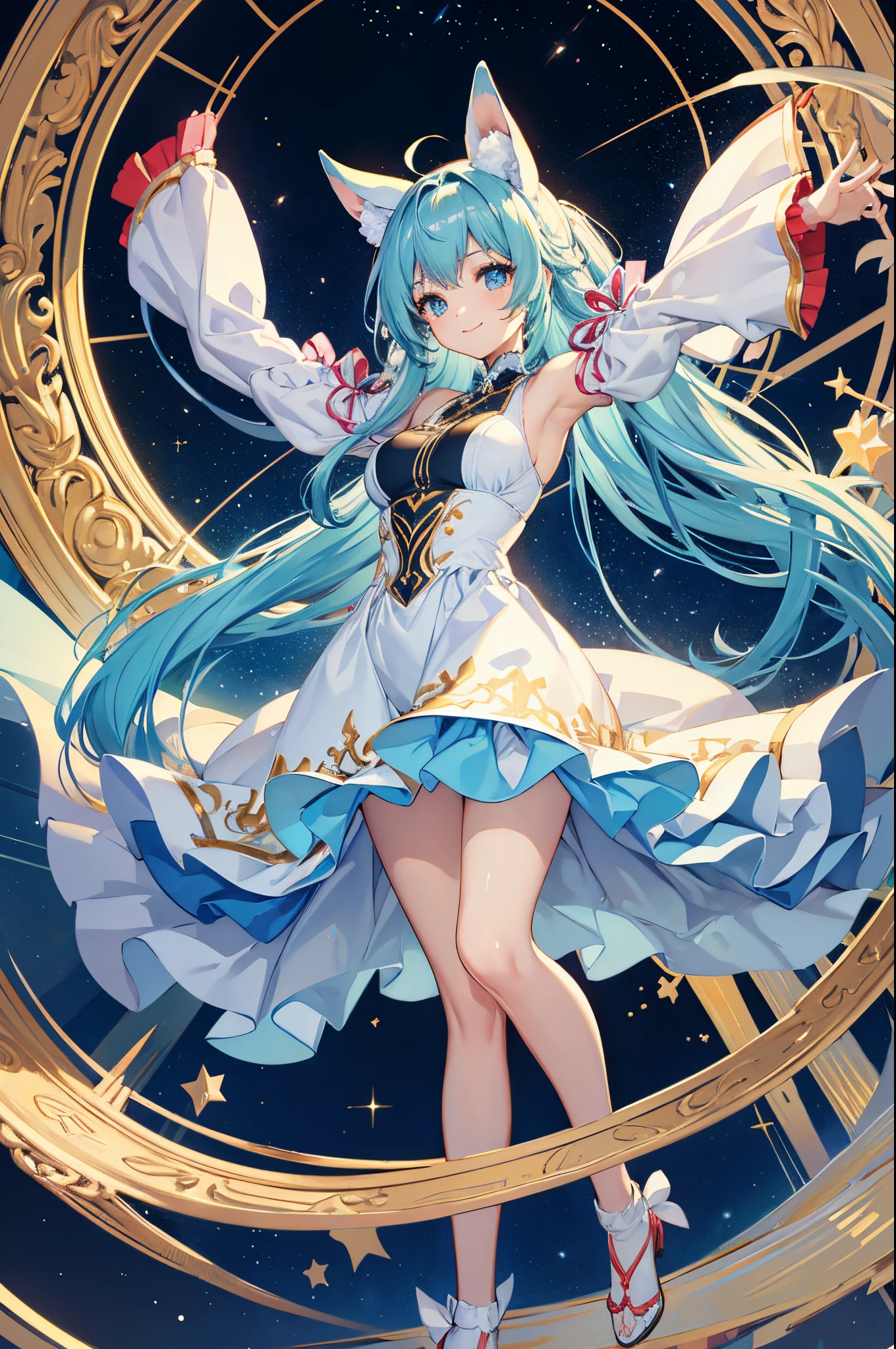 beautiful Girl、Light blue long hair、Twin-tailed、adorable smiling、colorful frilly costume、The beauty of looking at the distant sky,look up sky,Stretch your finger towards the sky,look from above,Smiling、Stretch your finger to a shooting star across the sky,quadratic element,Photography, Professional, Soft natural lighting, masutepiece, Best Quality, Extremely detailed, Relaxed, Under the light, Curve, Narrow waist, Detailed information about hip hop