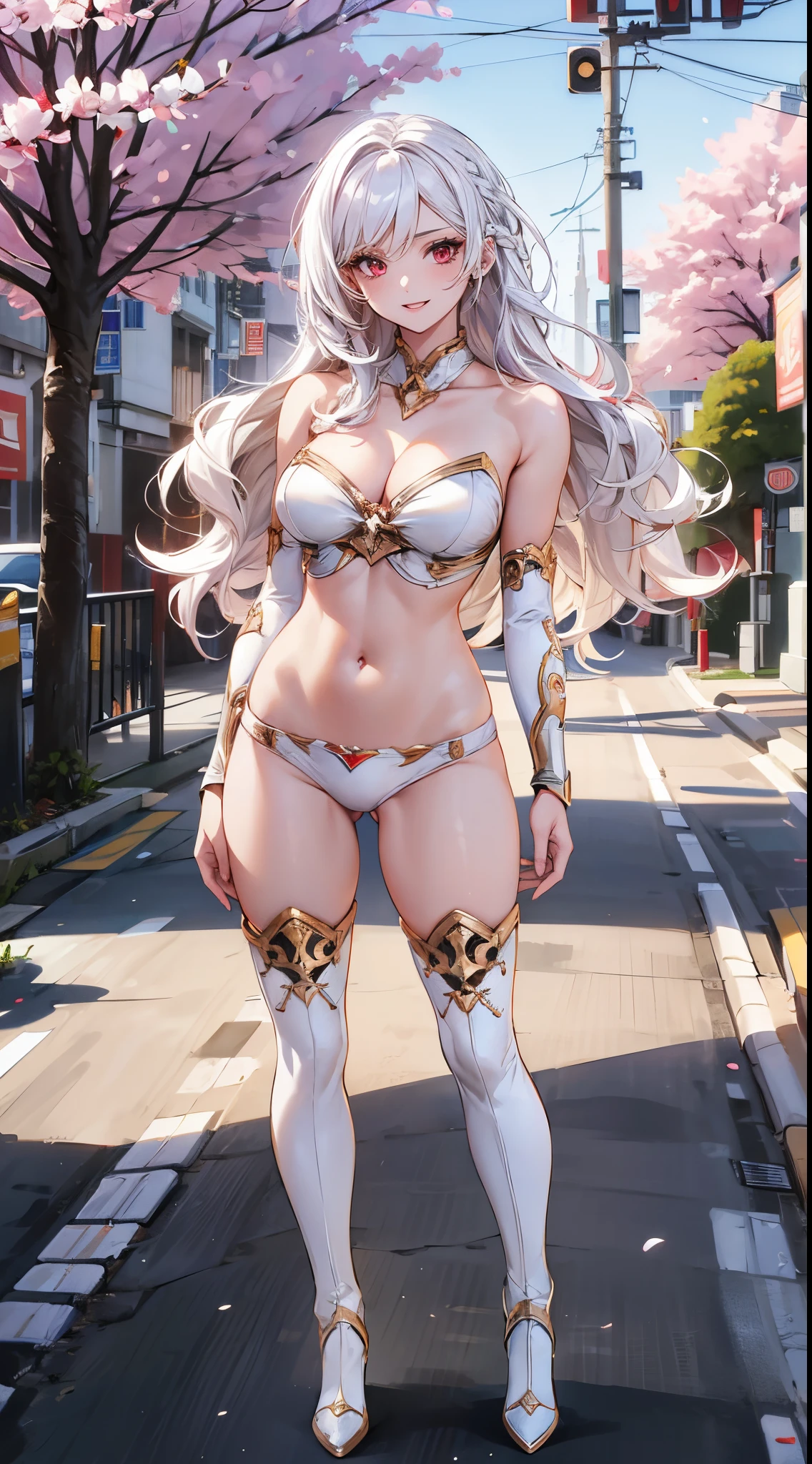 A girl with white hair in wavy style and red eyes wearing her White and gold superhero outfit consists of a white and bikini top and white bikini bottom arm guards with mid-thigh boots standing in the city full body and she look happy