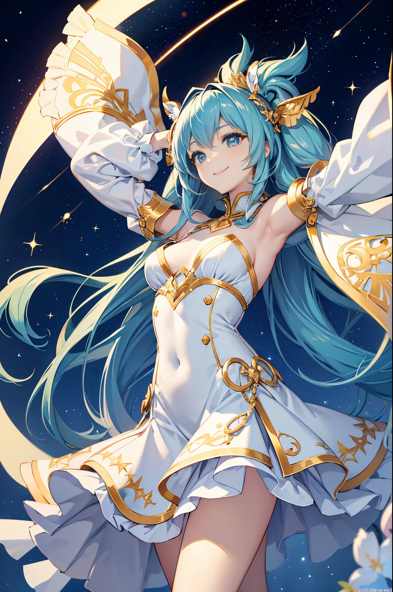beautiful  Girl、Light blue long hair、Twin-tailed、adorable smiling、colorful frilly costume、The beauty of looking at the distant sky，look up sky，Stretch your finger towards the sky，look from above，Smiling、Stretch your finger to a shooting star across the sky，quadratic element，Photography,  Professional, Soft natural lighting, masutepiece, Best Quality, Extremely detailed, Relaxed, Under the light, Curve, Narrow waist, Detailed information about hip hop