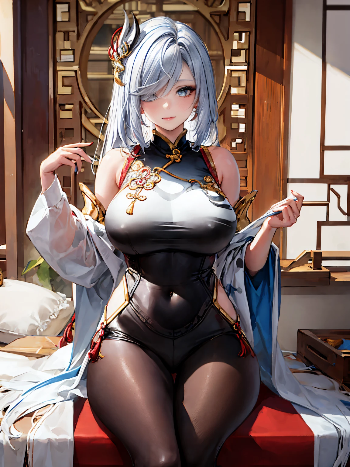 UHD, anatomically correct, super detail, award winning, masterpiece,tachi-e,sketch_style, (1 female has perfect body,white hair,wearing loose cheongsam,sitting on a chair,spreading legs,Left shoulder has a tattoo), solo,Chinese classical room,rosewood chair