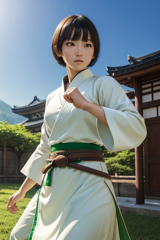 1girl, Chinese features, (age late s:1), D&D Monk, female Human, (martial artist), beautiful lady, detailed face, beautiful face, short hair, bobcut hair, wide eyes, detailed eyes, brown eyes, martial arts gi clothing, white and green gi, long skirt, green cloak, detailed belt, cloth belt, gloves and bracers, action pose, (martial arts pose:1), background of medieval Japanese village, background of green and blue, vivid colors, studio lighting, ultra-detailed, HD anime.
