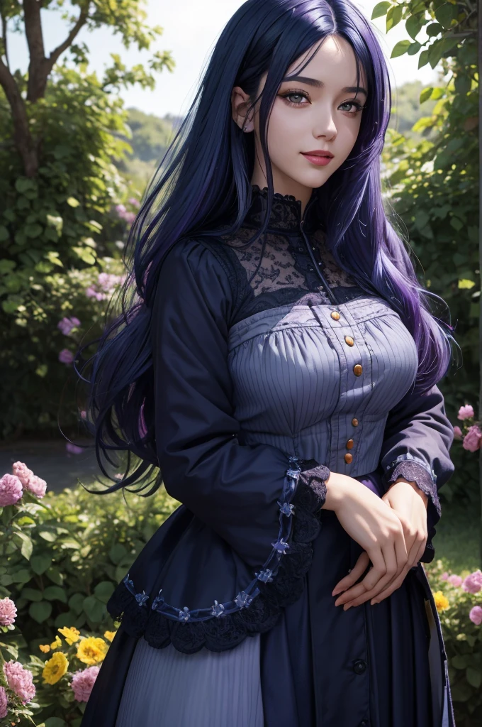 (absurdres, highres, ultra detailed), masterpiece, hinata(boruto), ((solo)), 1girl,medium breasts, long purple victorian style dress, closed mouth, (((long hair))),standing, the bodice and the skirt pattern, frill skirt, lace, blink blink effect, (((detailed lips))), garden, pink and yellow flowers,  ((realistic skin)), glowing skin, ((glossy red lips)), purple eyes, portrait, beautiful, smile, (((dark blue hair))), bust crop, normal skin, spreading legs, 