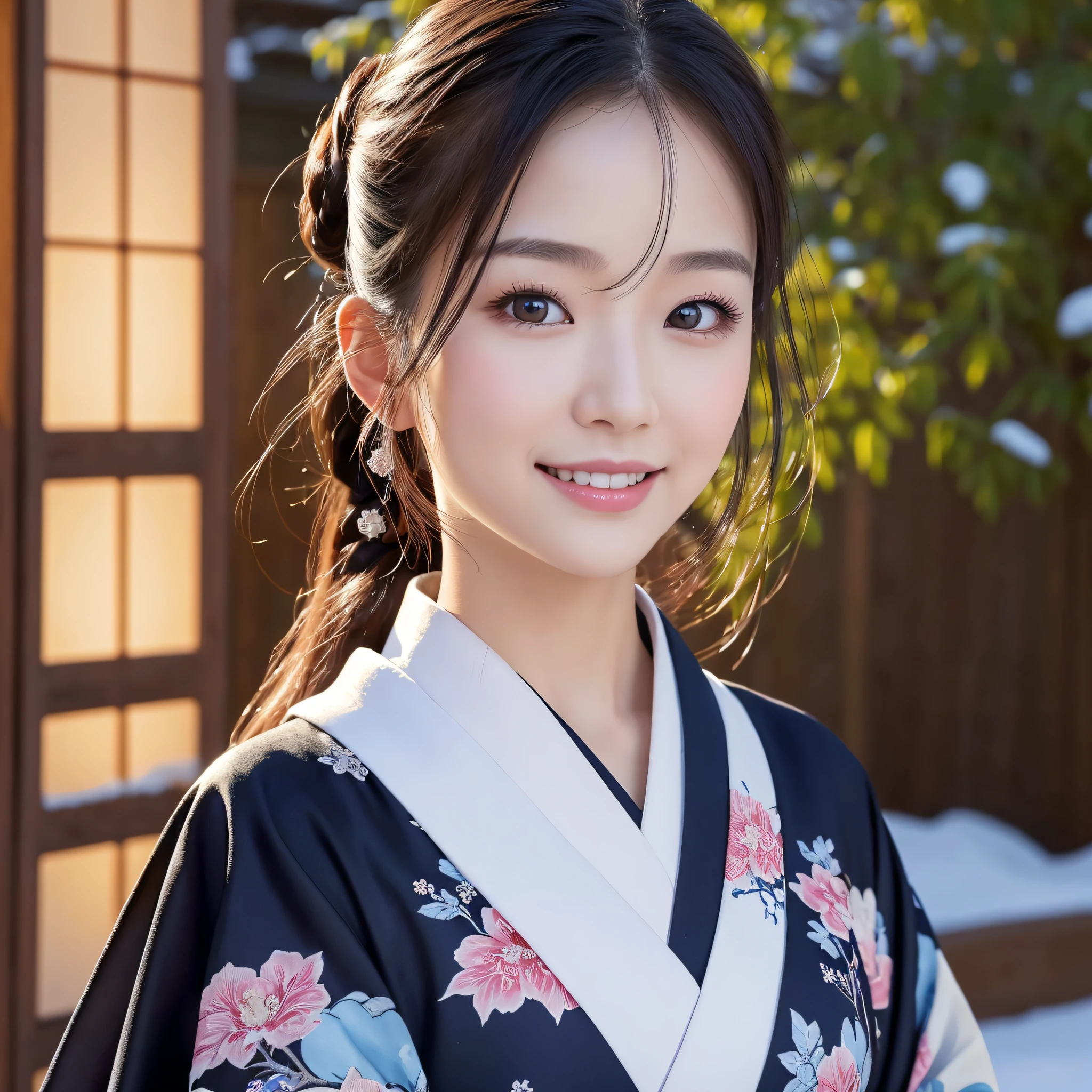 (Super beautiful woman in kimono)、((best qualtiy、8k masterpieces:1.3))、foco nítido:1.2、(ultra beautiful faces:1.0)、(shinny skin:1.0)、photos realistic、A dark-haired、Video Lighting、High-definition eyes and face、Video Lighting、Japanese actressl、from the front side、medium breasts、With a happy smile、Slender Abs Beauty、Whole body、wearing kimonos、In a snowy landscape in the middle of winter、highest grade obi