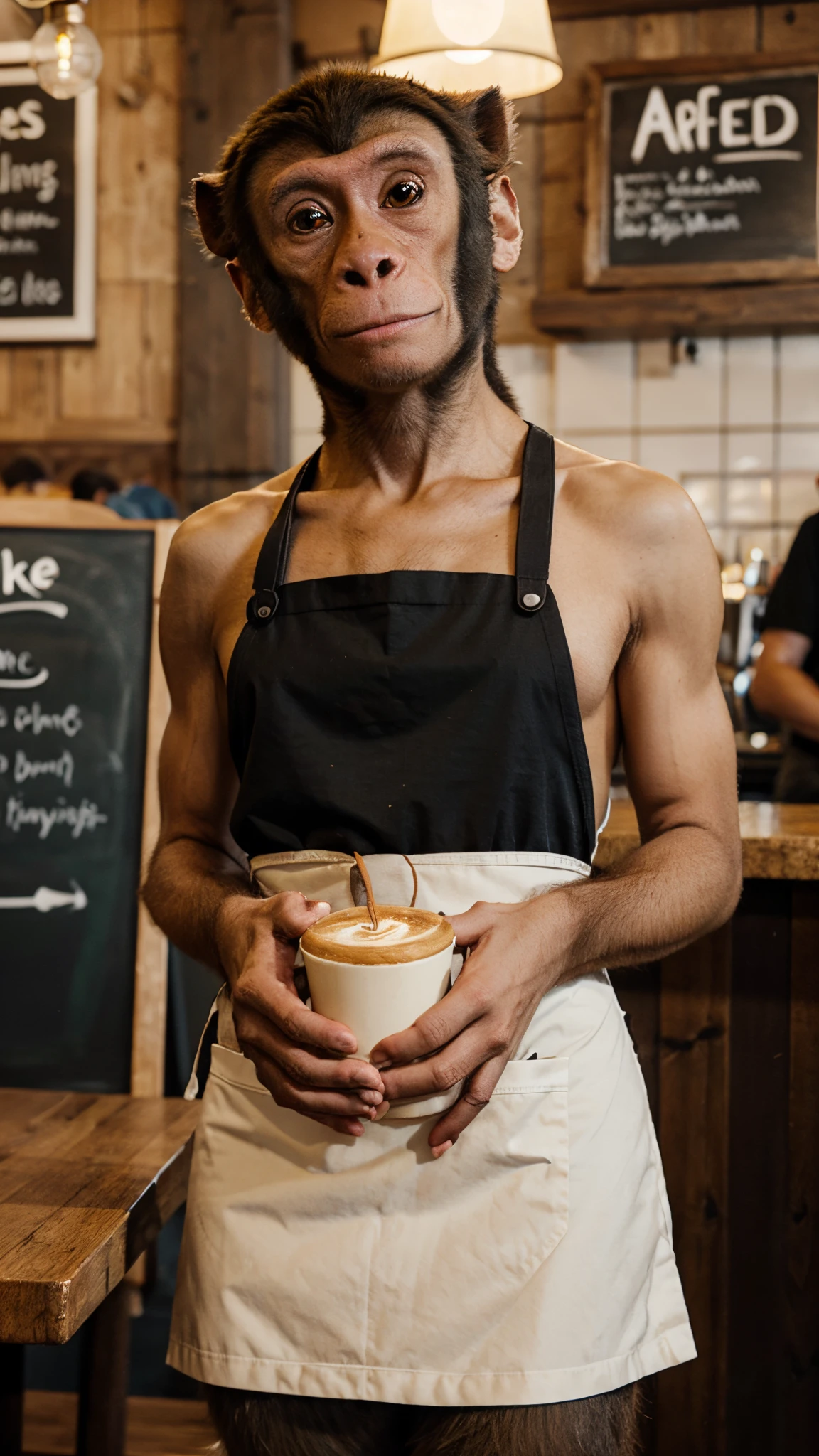 An anthropomorpic monkey wearing an apron working at a cafe