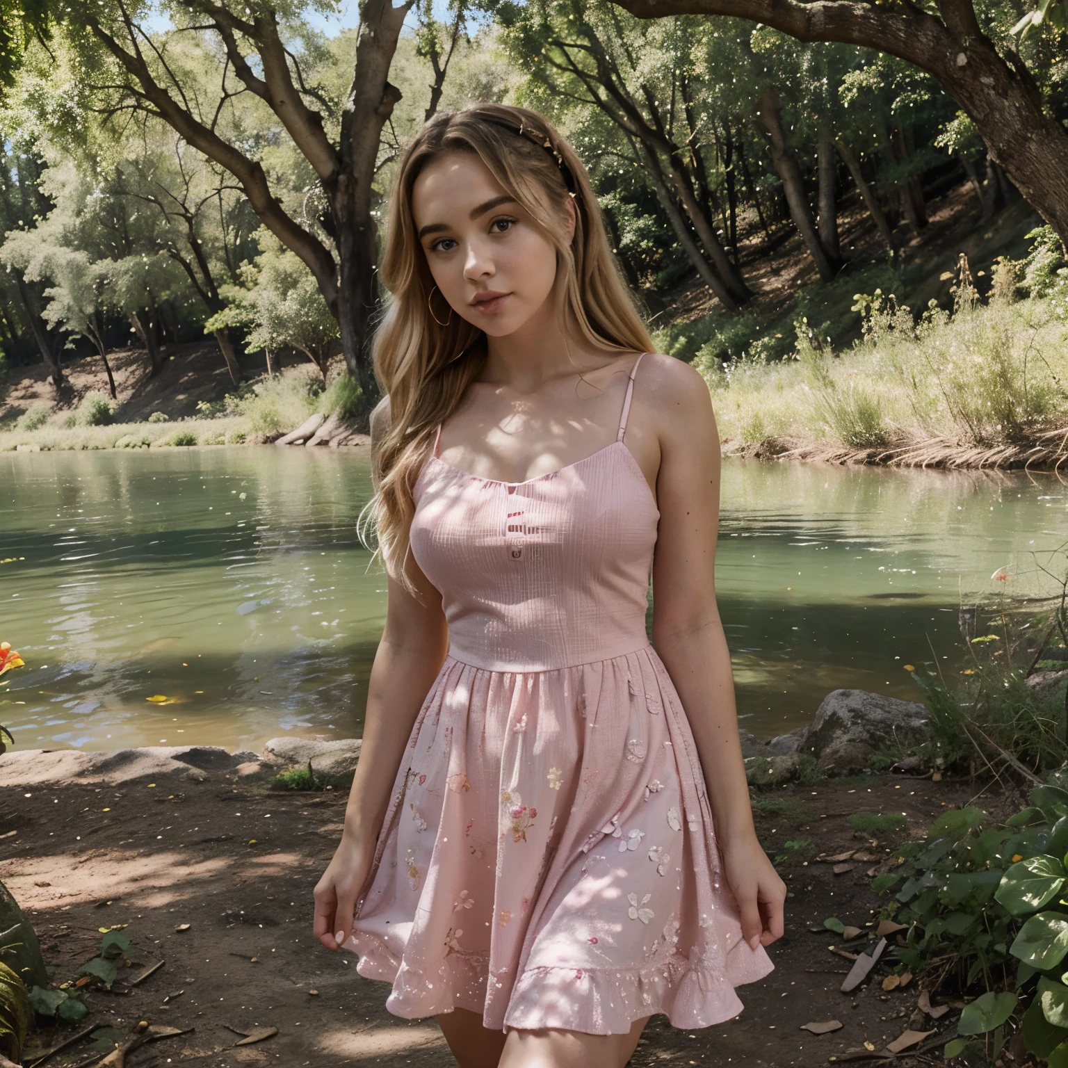 Chica acostada boca arriba en un hermoso lago en un bosque, lleva un vestido rosado. Ella es una chica rubia hermosa y se parece a Sabrina carpenter