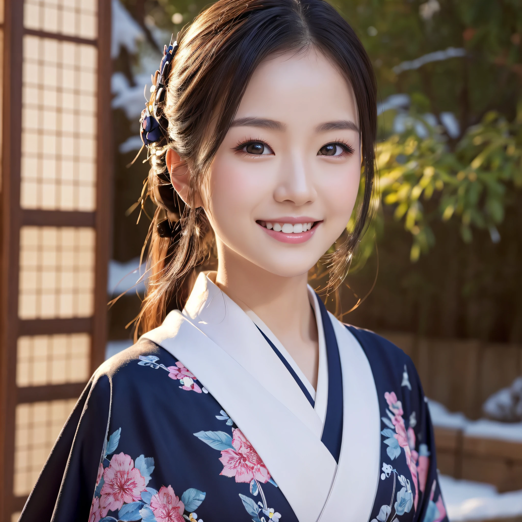 (Super beautiful woman in kimono)、((best qualtiy、8k masterpieces:1.3))、foco nítido:1.2、(ultra beautiful faces:1.0)、(shinny skin:1.0)、photos realistic、A dark-haired、Video Lighting、High-definition eyes and face、Video Lighting、Japanese actressl、from the front side、medium breasts、With a happy smile、Slender Abs Beauty、Whole body、wearing kimonos、In a snowy landscape in the middle of winter、highest grade obi