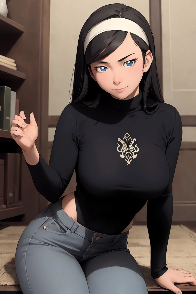 (masterpiece, best quality, ultra detailed), delicate pattern, detailed background, 1girl, solo, kumashiro maya, white headband, black hair, blue eyes, smile, cat ears, leaning forward, sloppy room, cowboy shot, claw pose, turtleneck knit, jeans pants,