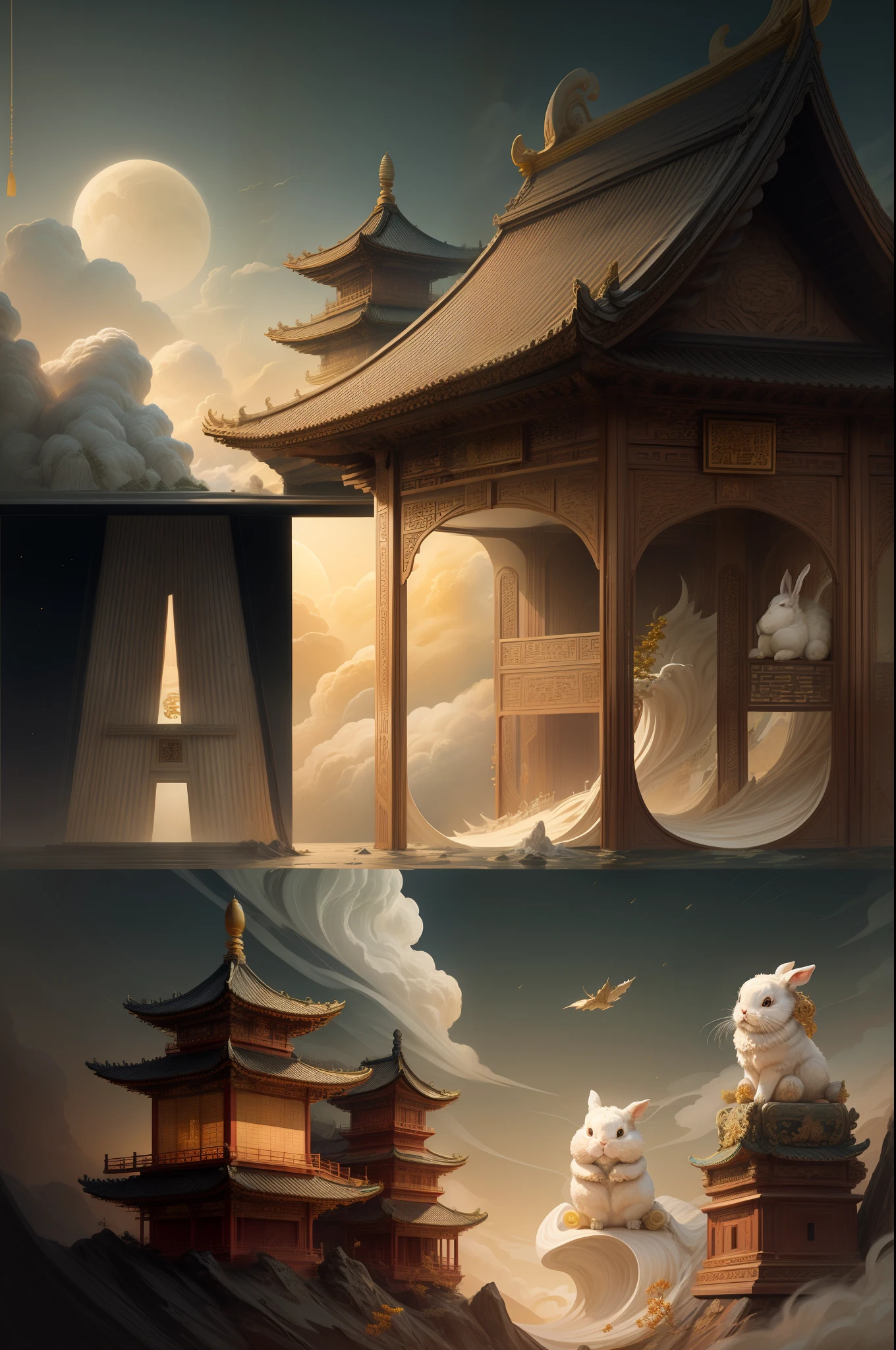 high pavilion palace, No moon),A osmanthus tree,White rabbit,lanterns,palaces,clouds, Chinese,Ivory Gold AI, tmasterpiece,Super refined,solid,super rich,ultra - detailed,32K