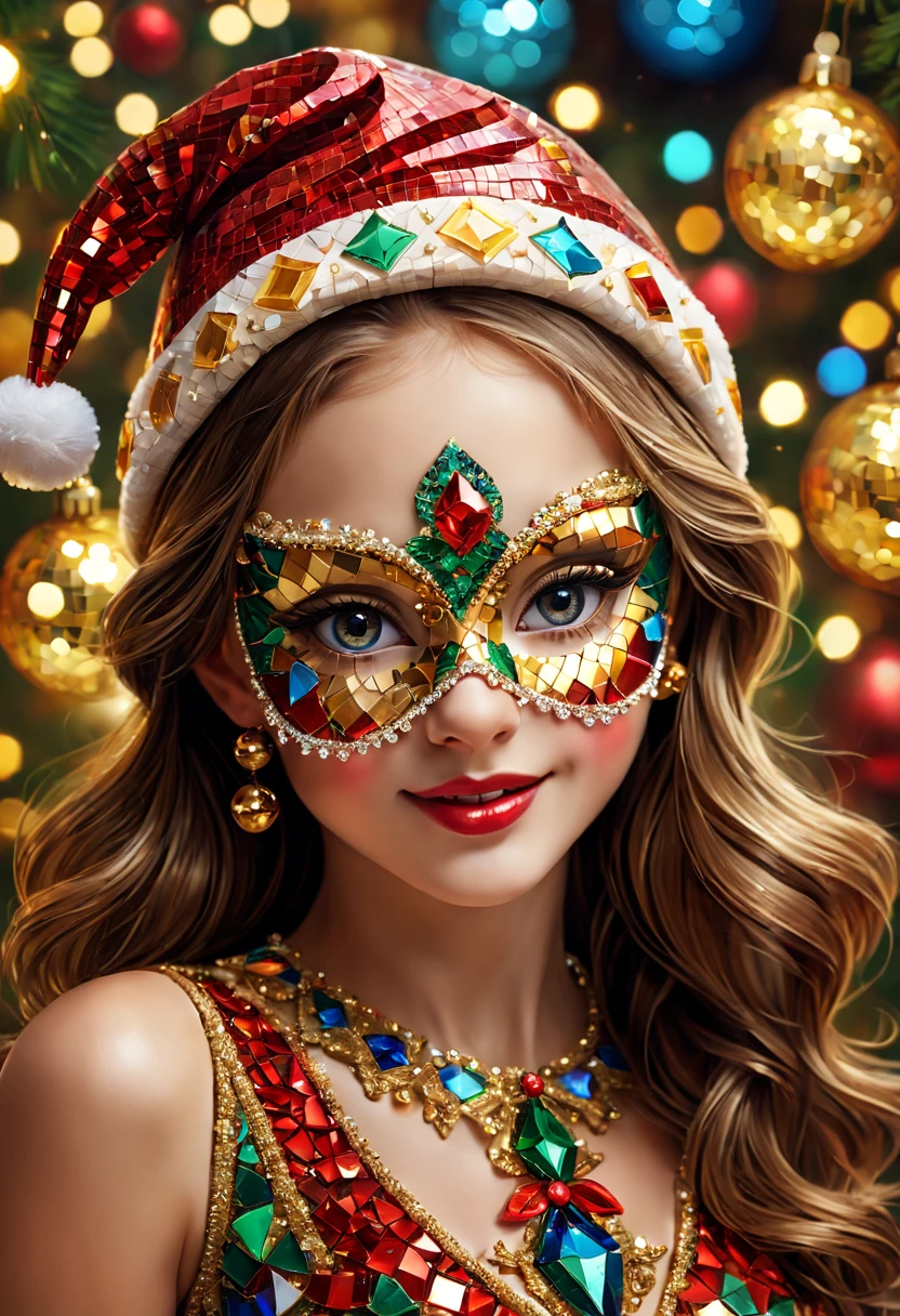 (Mosaic Christmas Mask),one-girl,sparkling detailed eyes,beautifully detailed lips,extremely detailed eyes, christmas hat,festive smile, golden mosaic patterns on the mask, delicate craftsmanship, intricate designs, vibrant color palette, high contrast, sharp focus, glossy finish, impressive artistry, holiday atmosphere, intricate mosaic tiles, ornate decorations, magical lighting. (best quality,4k,8k,highres,masterpiece:1.2),ultra-detailed,(realistic,photorealistic,photo-realistic:1.37),portrait,mosaic art,christmas celebration,festive colors,sparkling charm,holiday spirit,glimmering lights,colorful ornaments.