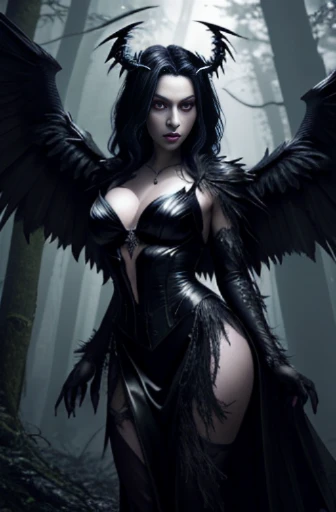 Lisa Ann ultra-detailed: The Empress of Darkness, Background to the destruction of hell, diabolique, insidieux, invincible, couronne sombre, Evil queen, Robe noire et rouge, demon wings dans le dos, Demon horn, Realistic detailed eyes, Shaded illustration of a high-quality cell in hell, corps entier, pose dynamique, anatomie parfaite, centered, Freedom, soul, Approche de la perfection, Ombrage de cellule, 8k , Cinematic dramatic atmosphere, Illumination globale, detailed and intricate environment, ArtStation, Art conceptuel, mise au point fluide et nette, volumeric lighting, lighting cinematic