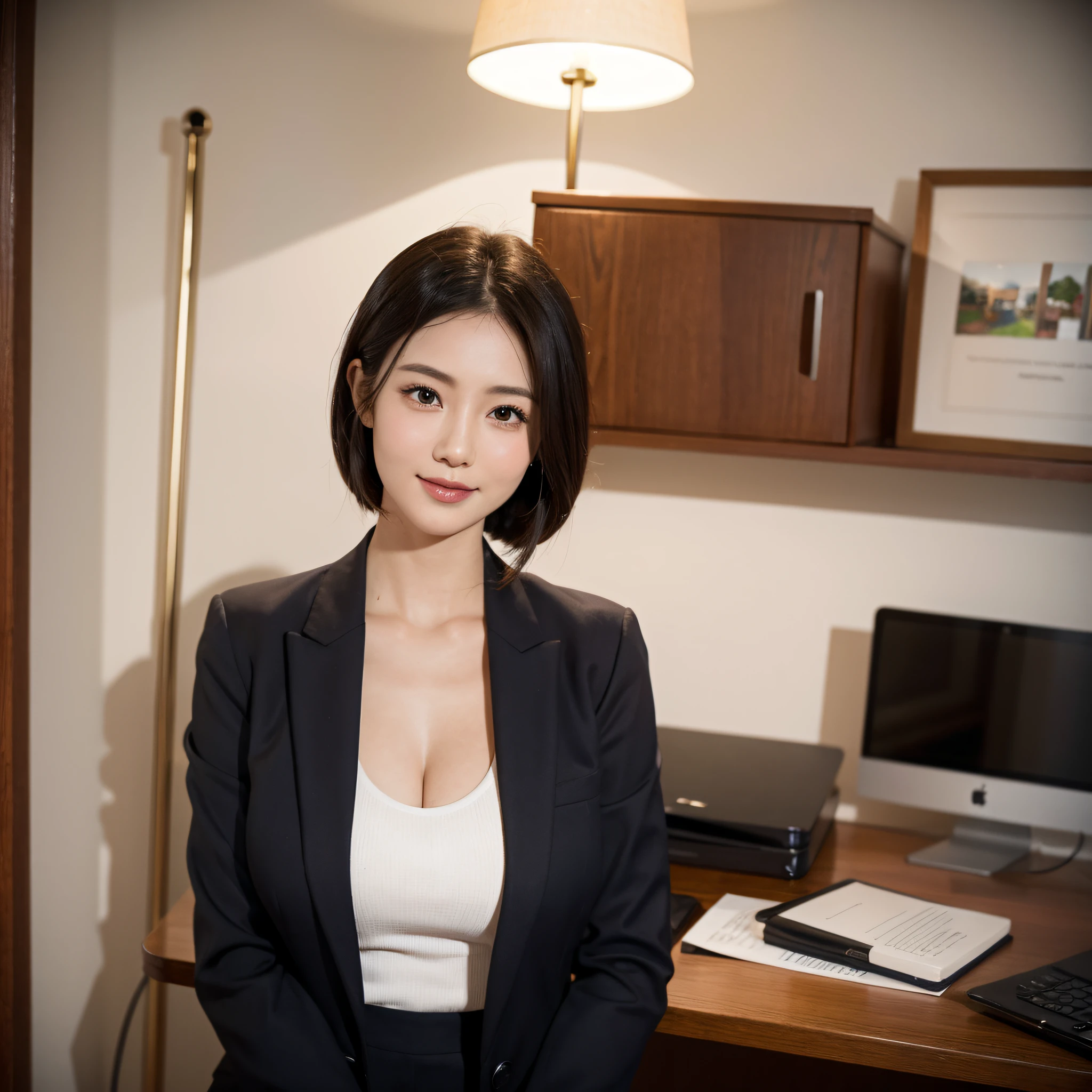 One super beautiful woman、((best qualtiy、8k masterpieces:1.3))、foco nítido:1.2、(ultra beautiful faces:1.0)、(shinny skin:1.0)、photos realistic、A dark-haired、Video Lighting、High-definition eyes and face、The front side of the huge breasts of Japanese idol actresses、Smile、Slender Abs Beauty、Whole body、wears a suit、wearing a shirts、In the office