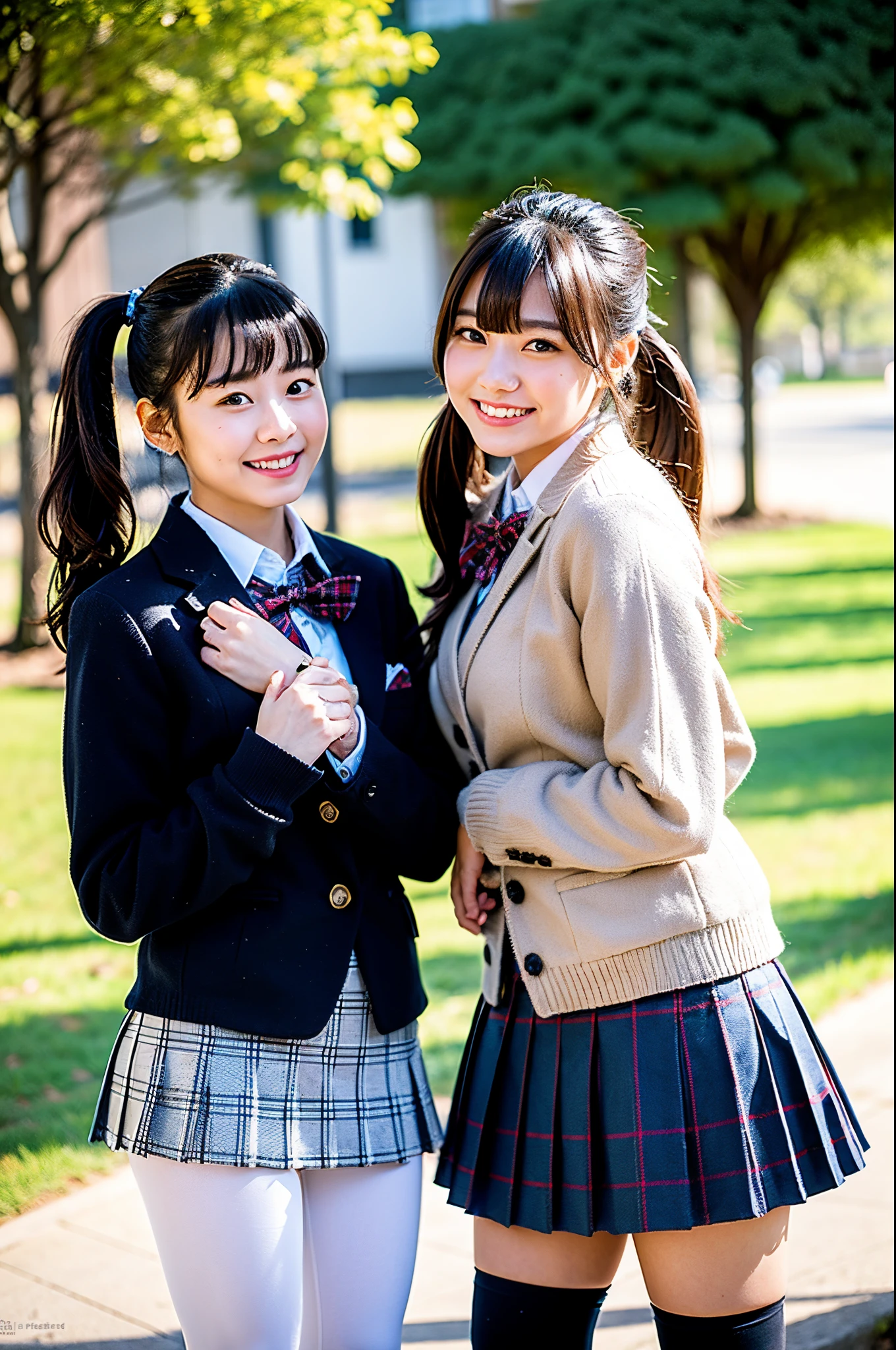 ２Two beautiful Japanese junior high school girls in uniforms hugging each other in a school classroom。Hairstyle１People with long hair１People have bob cuts　