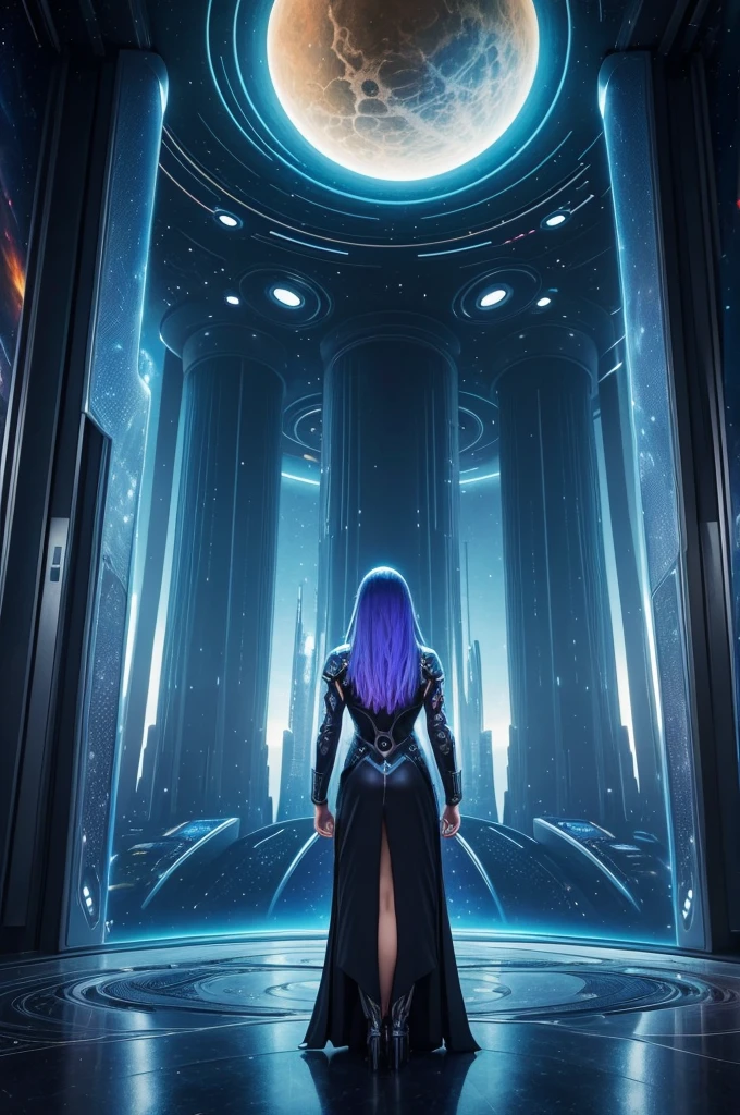 there is a woman standing in front of a painting of a planet, futuristic city in background, psytrance artwork, interconnected human lifeforms, panoramic view of girl, progressive rock album cover, dream of the endless, star dust, galaxy, stoner rock --ar 16:9 --v 5.1