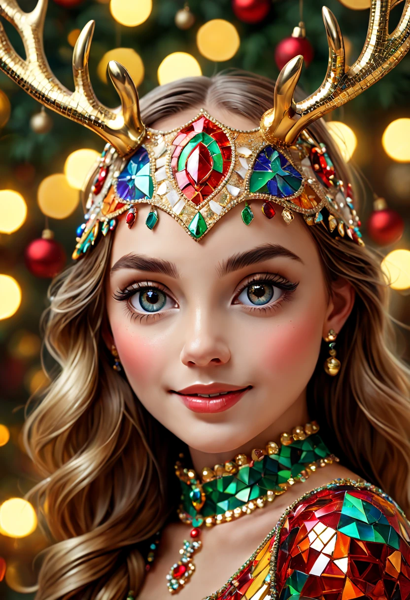 (Mosaic Christmas cute antlers mask),one-girl,sparkling detailed eyes,beautifully detailed lips,extremely detailed eyes, christmas hat,festive smile, golden mosaic patterns on the mask, delicate craftsmanship, intricate designs, vibrant color palette, high contrast, sharp focus, glossy finish, impressive artistry, holiday atmosphere, intricate mosaic tiles, ornate decorations, magical lighting. (best quality,4k,8k,highres,masterpiece:1.2),ultra-detailed,(realistic,photorealistic,photo-realistic:1.37),portrait,mosaic art,christmas celebration,festive colors,sparkling charm,holiday spirit,glimmering lights,colorful ornaments.