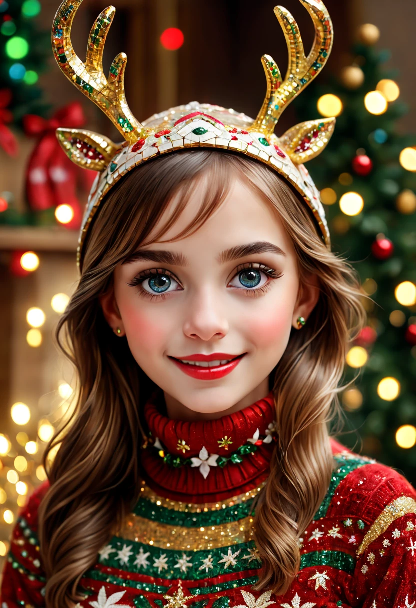 (Mosaic Christmas cute antlers mask),one-girl,sparkling detailed eyes,beautifully detailed lips,extremely detailed eyes, christmas hat,festive smile, golden mosaic patterns on the mask, delicate craftsmanship, intricate designs, vibrant color palette, high contrast, sharp focus, glossy finish, impressive artistry, holiday atmosphere, intricate mosaic tiles, ornate decorations, magical lighting. (best quality,4k,8k,highres,masterpiece:1.2),ultra-detailed,(realistic,photorealistic,photo-realistic:1.37),portrait,mosaic art,christmas celebration,festive colors,sparkling charm,holiday spirit,glimmering lights,colorful ornaments.