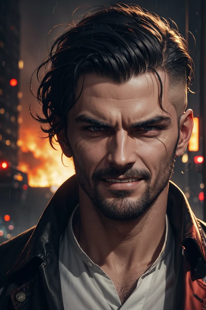a man with an evil smile button up shirt, raining in the city, fire burning in the background, shaved head, red rim lighting, 8K, UHD, [candid, amateur], cinematic lighting, upper body, highly detailed face, close up, serious face, villainous