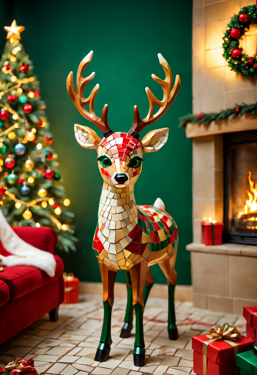 (a cute deer mask for a mosaic Christmaaterial:mosaic,adolable; Additional details:a warm and cozy living room, colorful Christmas lights, a beautifully decorated Christmas tree, a crackling fireplace; image quality:(best quality, highres, realistic:1.37), vivid colors, sharp focus; art-style: holiday, mosaic art, Christmas atmosphere, festive; Color tones:warm tones, red and green accents; lamplight:soft, warm lighting.