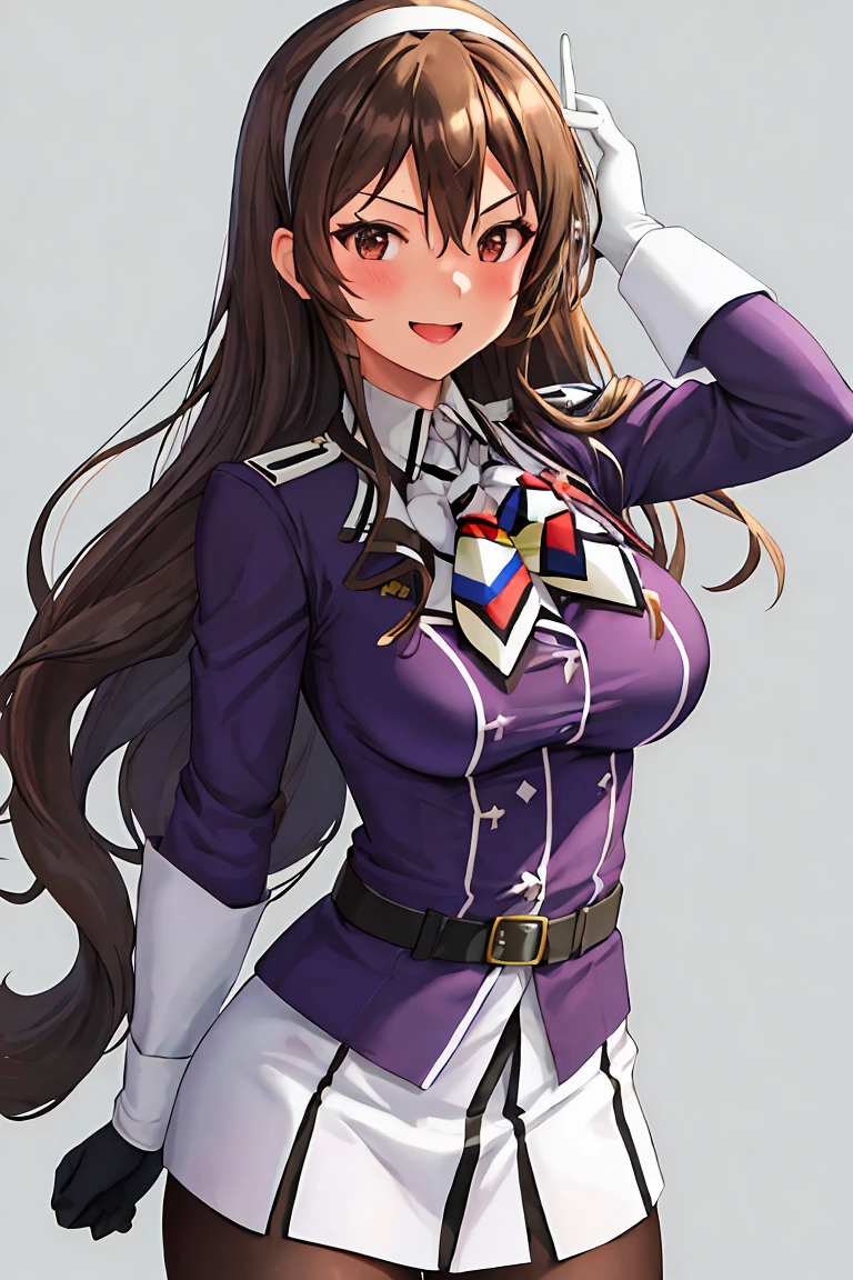 best quality, masterpiece, highres, solo, {ashigara_kantaicollection:1.15}, long_hair, brown_hair, brown_eyes, hairband, breasts, smile, open_mouth, wavy_hair, blush, large_breasts, hair_between_eyes, 1girl, looking_at_viewer, military, military_uniform, purple_jacket, uniform, upper_body, gloves, jacket, white_gloves, white_hairband, neckerchief, simple_background, long_sleeves