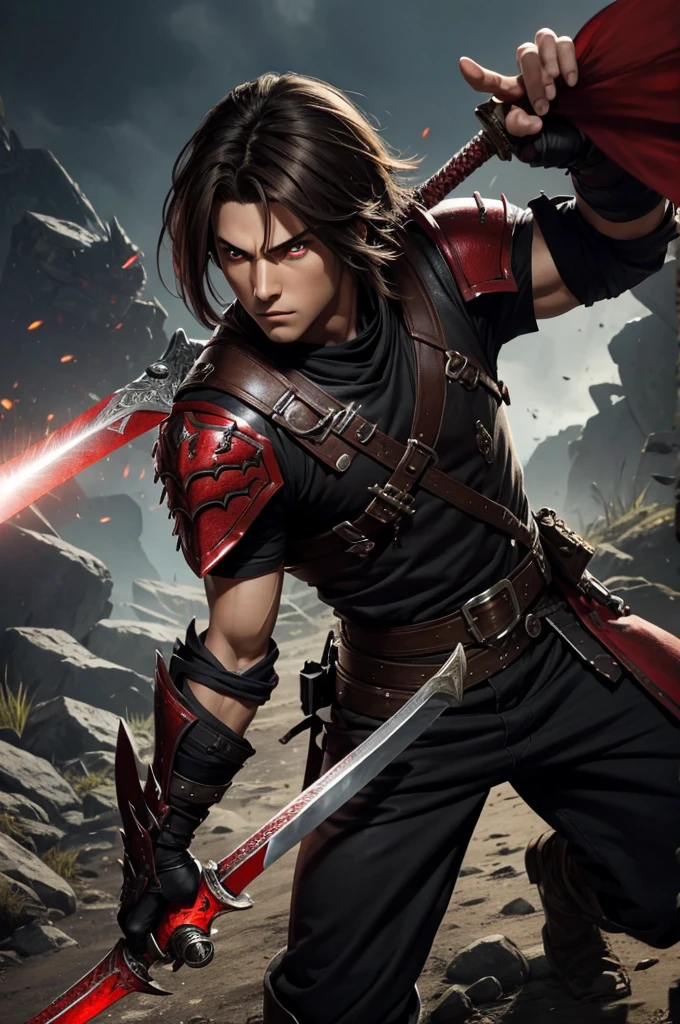 brunette hair, male, red eyes, Serious expression, Monster hunter style, Hand-held sword, Ruffian, high details
