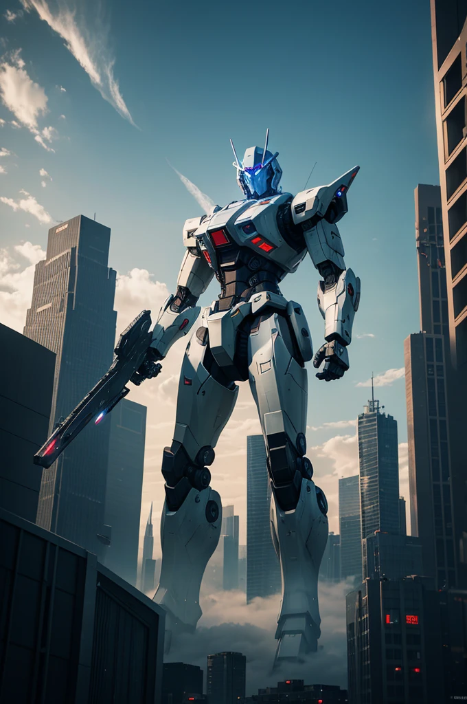 Sky, Clouds, holding_weapon, no_humans, Glow, Robot, Architecture, glowing_eyes, Mecha, Science Fiction, City, Reality, Mecha, Full Body