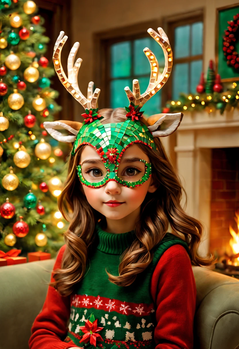 A girl ,(a cute deer mask for a mosaic Christmaaterial:mosaic,adolable; Additional details:a warm and cozy living room, colorful Christmas lights, a beautifully decorated Christmas tree, a crackling fireplace; image quality:(best quality, highres, realistic:1.37), vivid colors, sharp focus; art-style: holiday, mosaic art, Christmas atmosphere, festive; Color tones:warm tones, red and green accents; lamplight:soft, warm lighting.