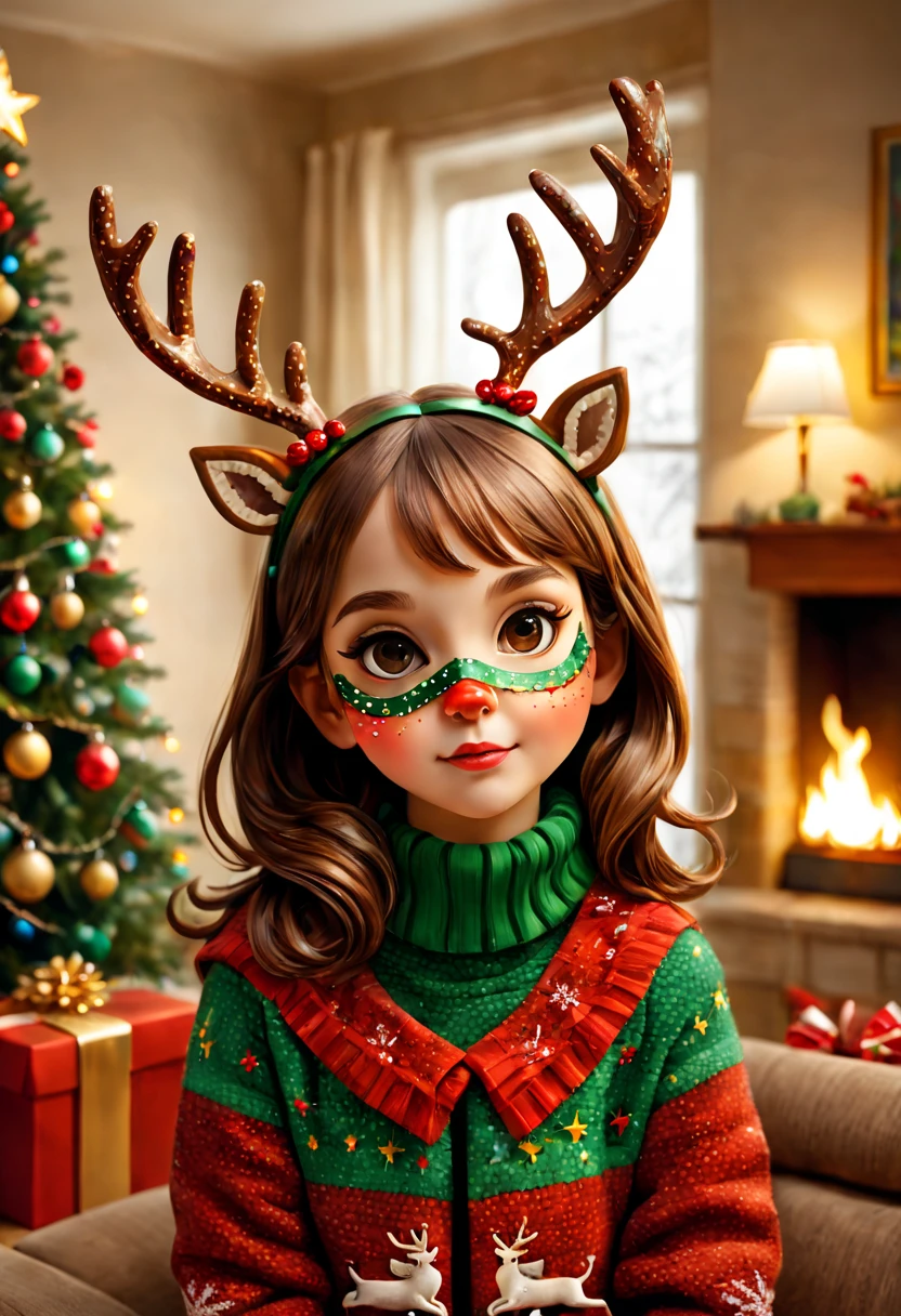 A girl ,(a cute deer mask for a mosaic Christmaaterial:mosaic,adolable; Additional details:a warm and cozy living room, colorful Christmas lights, a beautifully decorated Christmas tree, a crackling fireplace; image quality:(best quality, highres, realistic:1.37), vivid colors, sharp focus; art-style: holiday, mosaic art, Christmas atmosphere, festive; Color tones:warm tones, red and green accents; lamplight:soft, warm lighting.