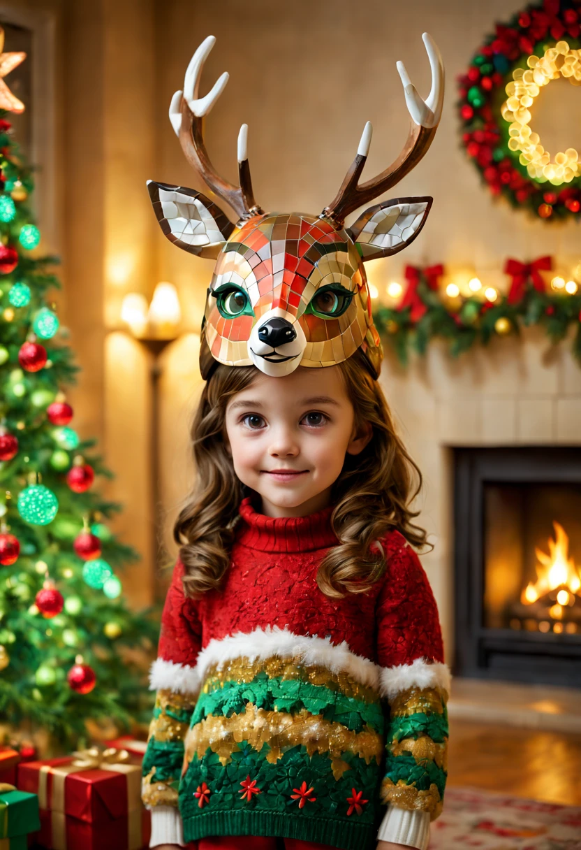 A girl ,(a cute deer mask for a mosaic Christmaaterial:mosaic,adolable; Additional details:a warm and cozy living room, colorful Christmas lights, a beautifully decorated Christmas tree, a crackling fireplace; image quality:(best quality, highres, realistic:1.37), vivid colors, sharp focus; art-style: holiday, mosaic art, Christmas atmosphere, festive; Color tones:warm tones, red and green accents; lamplight:soft, warm lighting.