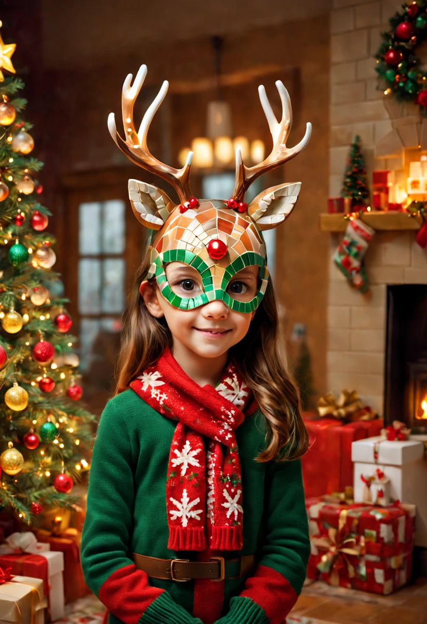 A girl ,(a cute deer mask for a mosaic Christmaaterial:mosaic,adolable; Additional details:a warm and cozy living room, colorful Christmas lights, a beautifully decorated Christmas tree, a crackling fireplace; image quality:(best quality, highres, realistic:1.37), vivid colors, sharp focus; art-style: holiday, mosaic art, Christmas atmosphere, festive; Color tones:warm tones, red and green accents; lamplight:soft, warm lighting.