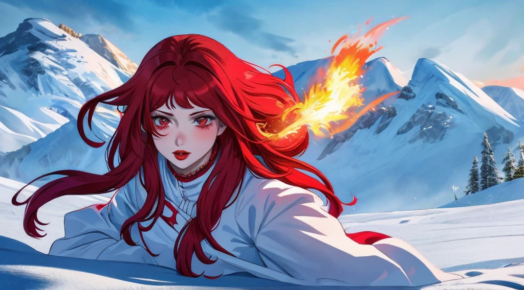 1 sister，Bright red wavy hair accessories，Redlip，white skinned，Single Eyelidquisite facial features，grey dresutterflys，catching fire，bright coloring，Ski right，high detal，high high quality，Nice atmosphere，Exquisite，cg render，detail render，（Delicate Face Portrayal）（Fine hair depiction）（Best quality at best）（tmasterpiece）（High degree of completion）（a sense of atmosphere）（Full body like）