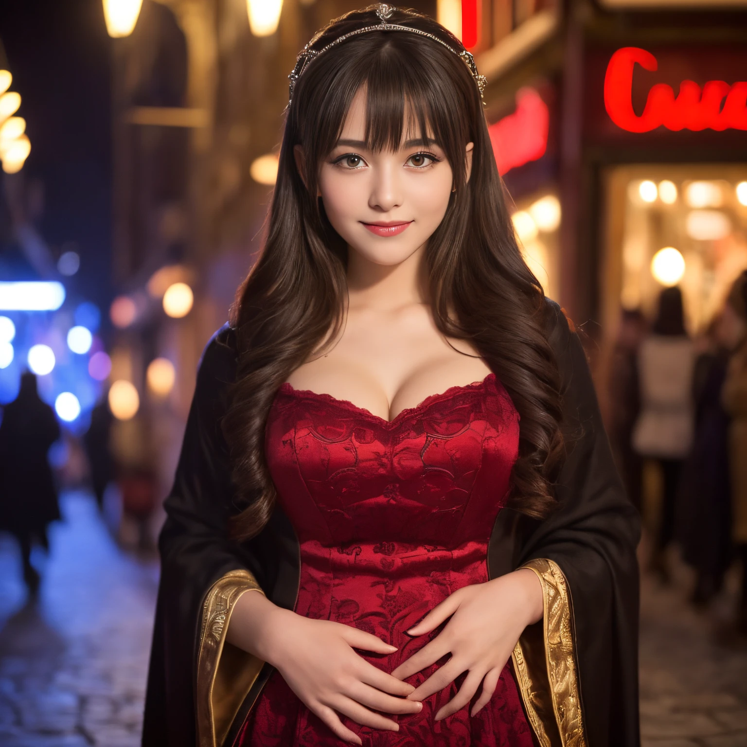((top-quality、masutepiece、8K、Top image quality、Highly complex and detailed depictions))、(german beauty pictures:1.3)、( girl:1.2)、(Very young face:1.3)、(Height 130cm:1.3)、Luxury red-light district of medieval Germany、the most luxurious prostitute costumes、Pregnancy、((The most beautiful medieval German courtesan costumes、The most luxurious medieval German courtesan costumes、The most extravagant and lewd red-light district、An unimaginably huge entertainment district、A very luxurious and obscene red-light district in medieval Germany、A huge red-light district at midnight in medieval Germany、Very complex decoration)、(View me、Bewitching smile、long eyelashes、Perfect makeup、lipsticks、A slight smil)、(perfect anatomia:1.2)、(Depth of field is deep:1.5)、(Detailed and intricate red light district background:1.3)、(Vibrant backdrop of a obscene medieval German red-light district:1.3)、spectacular movie lighting、(romantic mood night:1.1)、(Perfectly recreates the atmosphere of a medieval German red-light district:1.3)、(obscene entertainment district:1.1)、(Obscene mood 1.1)