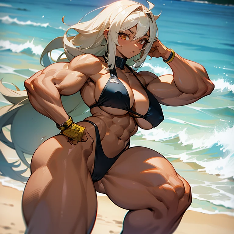 Light skinned female, thick thigs, oppais, female bodybuilder, flexing, beach, black bikini