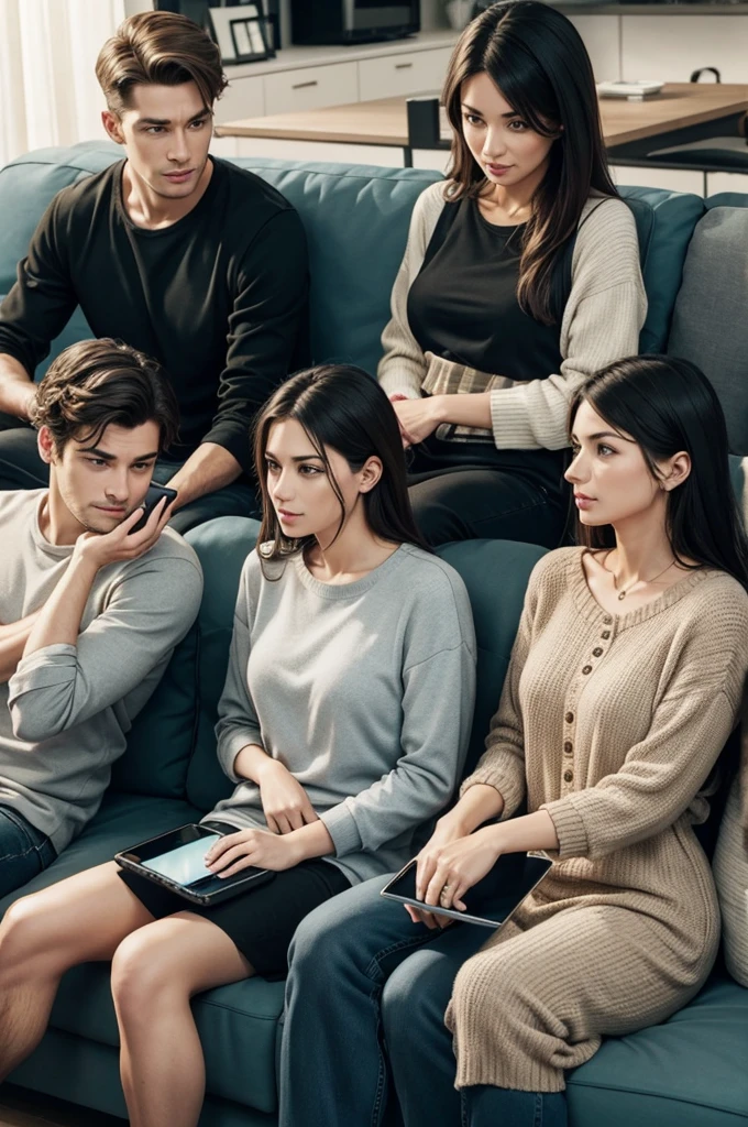 Several men and women, sitting on the sofa, looking at their mobile phones. The look of crazy mockery,