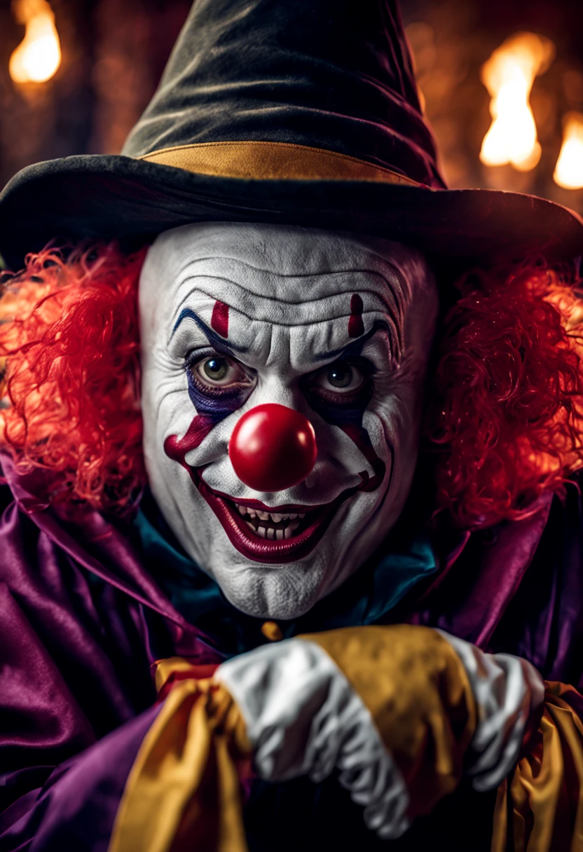(best quality, 8k, high resolution, master part: 1.2), ultra detalhado, (Realistic, fotorrealista, fotorrealista: 1.37), (A clown dressed at Hogwarts School of Witchcraft and Wizardry, The eyes are full of strangeness and wickedness,In a magical ritual: 1.42), With his magic book and a crystal staff with mystical symbols. A cena cheia de cores brilhantes, The clown's magic trick creates a captivating visual spectacle. Cada detalhe da magia meticulosamente renderizado, Textures and lighting effects highlight the pulsating energy. Images are true works of art, It has a very high resolution. Every detail has been taken care of with the utmost care, Tem uma atmosfera impressionante cheia de magia, cercado por uma aura misteriosa, (anatomicamente correto, pele texturizada, UHD, master part, ccurate, Super Detalhe, alta qualidade, best quality, Altas, 8k), elemento de fogo composto por elementos de fogo