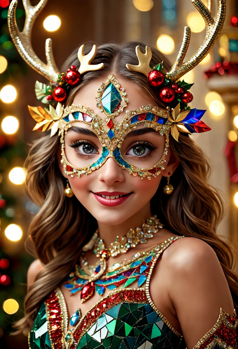 (Mosaic Christmas Mask),one-girl,sparkling detailed eyes,beautifully detailed lips,extremely detailed eyes,Cute antlers headdress ,festive smile, golden mosaic patterns on the mask, delicate craftsmanship, intricate designs, vibrant color palette, high contrast, sharp focus, glossy finish, impressive artistry, holiday atmosphere, intricate mosaic tiles, ornate decorations, magical lighting. (best quality,4k,8k,highres,masterpiece:1.2),ultra-detailed,(realistic,photorealistic,photo-realistic:1.37),portrait,mosaic art,christmas celebration,festive colors,sparkling charm,holiday spirit,glimmering lights,colorful ornaments.