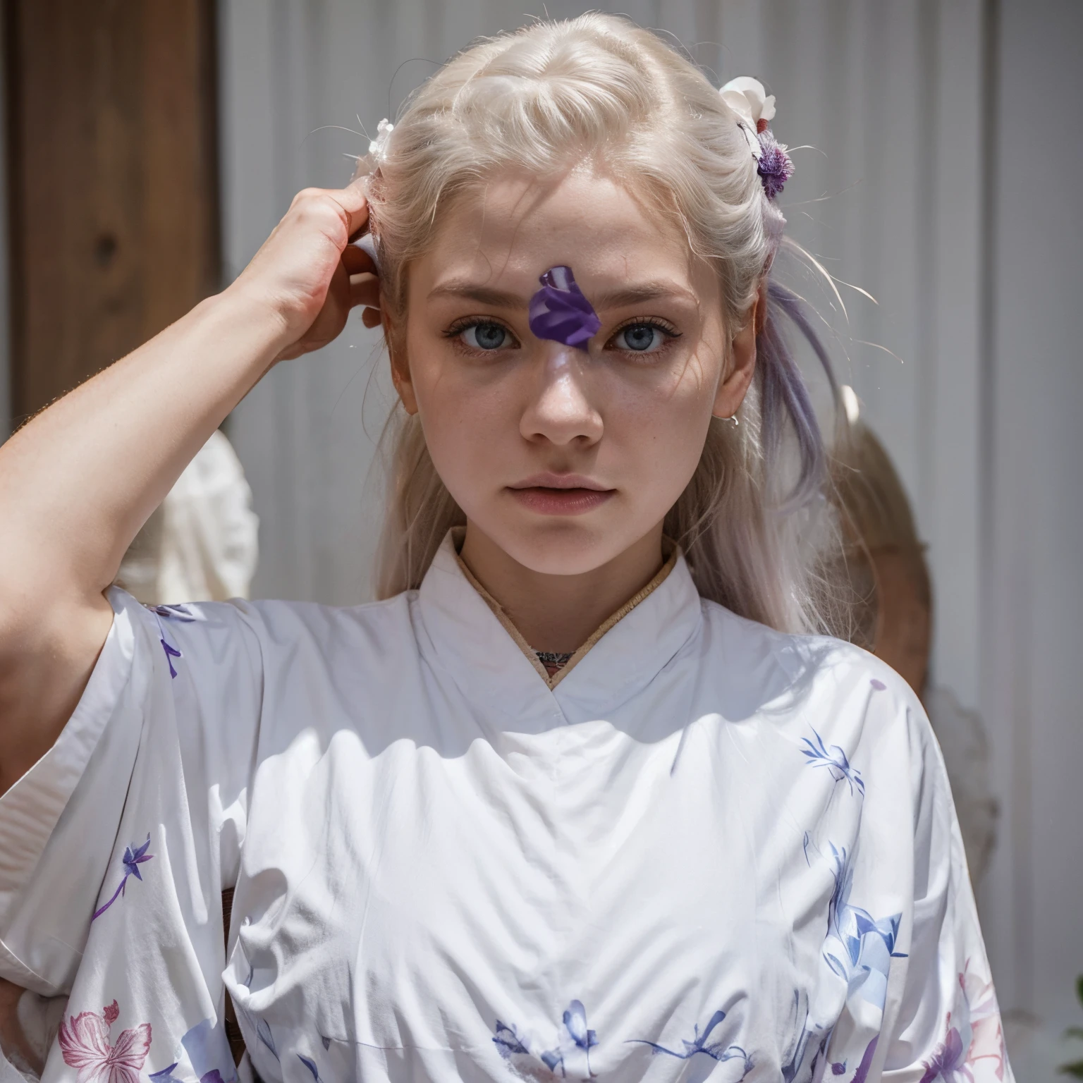 my albino appearance,olhos violeta, cabelos cacheados mais brancos que a neve, 18 anos de idade, a woman with visible muscles, roupa igual a do toge de jujutsu kaisen de tonalidade branca