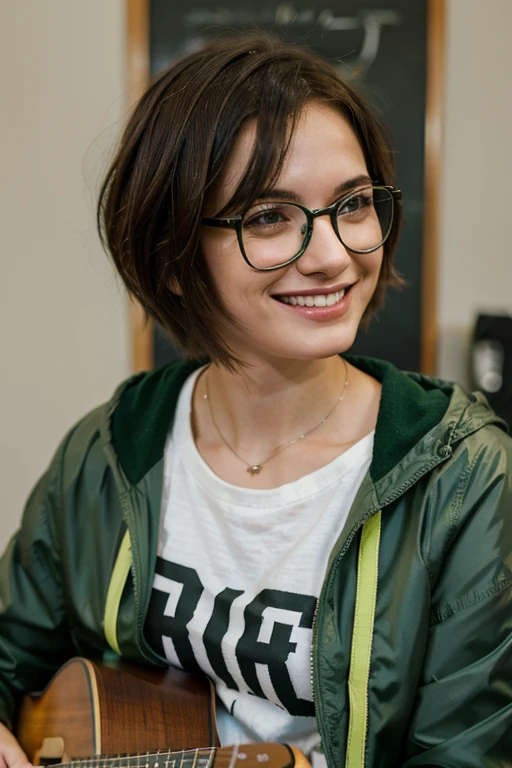 short hair girl, green jacket, wearing glasses , smilling and play guitar
