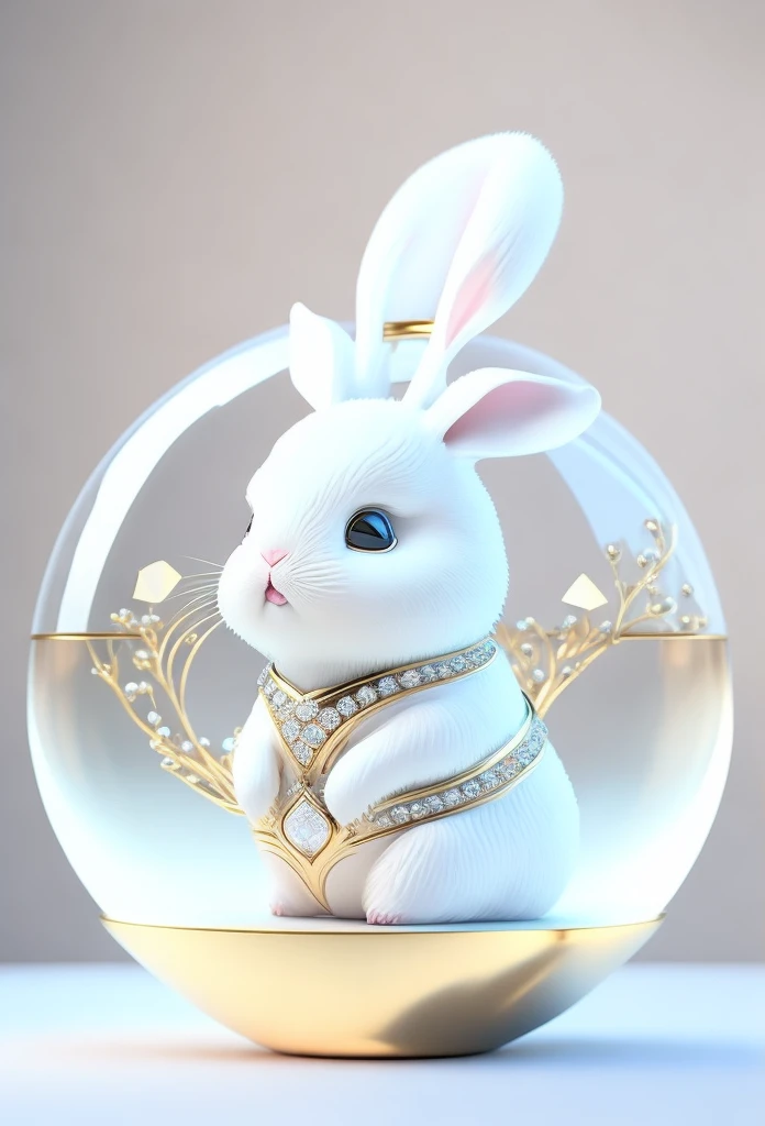 A cute little fat rabbit，made of crystals，white colors，sitting in a crystal ball，Stick out your tongue，There are a lot of diamonds down there，Highly detailed and complex conceptual art trend with low-poly eyes ArtStation 8K，rendering by octane，filigree，Wallpaperine details，tmasterpiece，Best quality at best，offcial art，HD without impurities