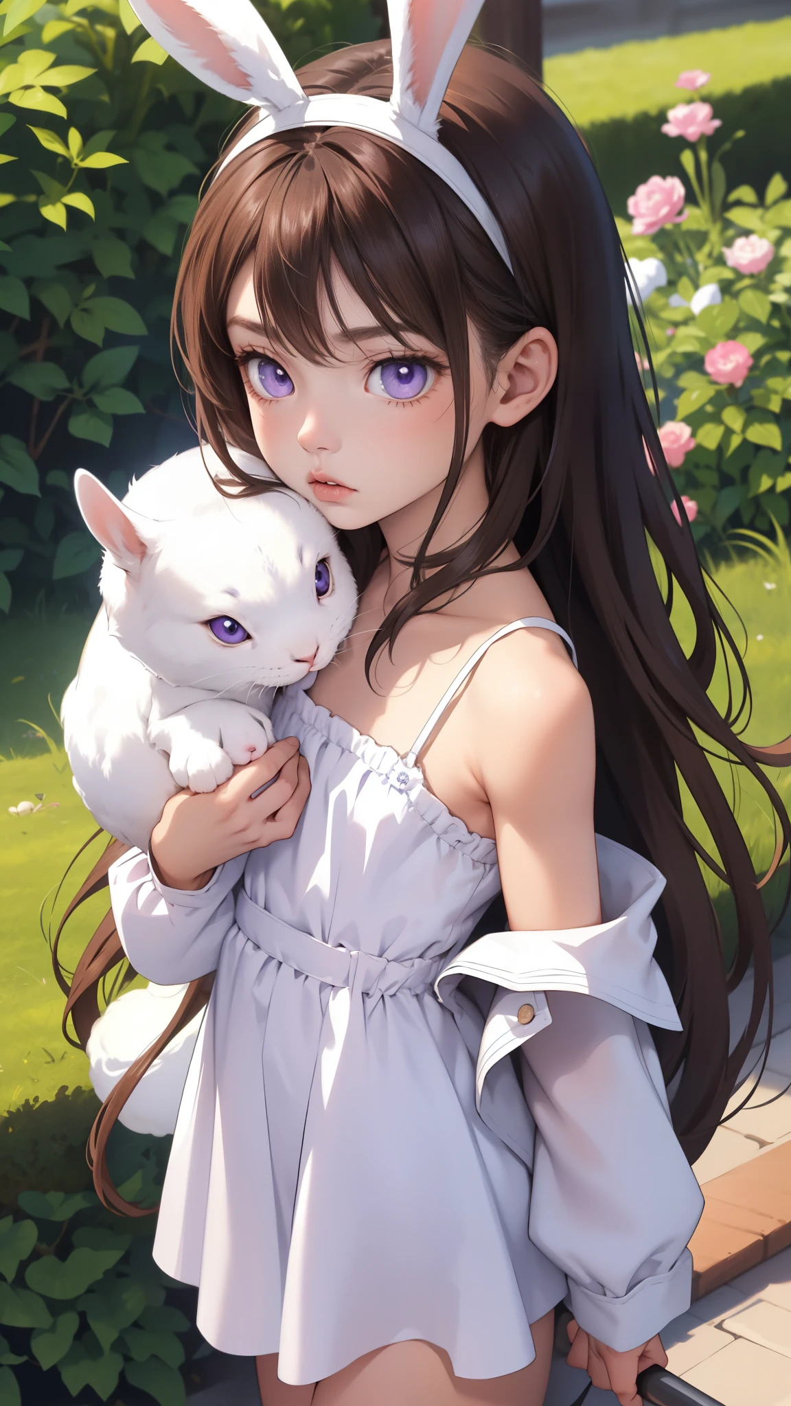 Kelly Body, (masutepiece:1.2, Best Quality, hight resolution), (1 boy, Solo, Cowboy Shot), extra detailed face, flat chest、Brown hair, Wavy long hair, Her eyes are pale purple., (White rabbit), American,