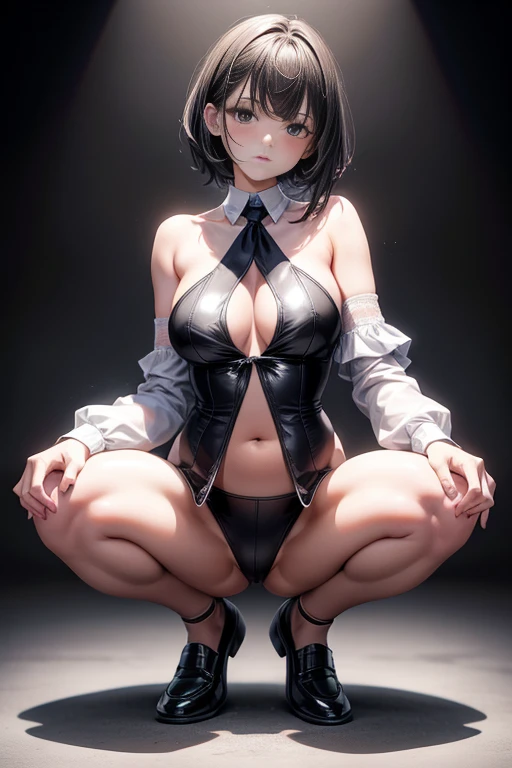 8K Ultra Clear,tmasterpiece,HighestQuali,A hanged in a tie-up,legs are open,half squatting,Erotic jumpsuits,Lace,with short black hair,Loafer shoes,cleavage,No collar and no sleeves,leaky belly button