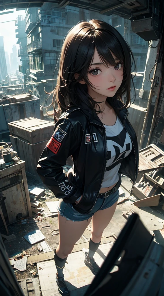 ((8k wallpaper of extremely detailed CG unit, masterpiece, hight resolution, top-quality)), (Beautuful Women, Hands in pockets:1.8, Grunge Fashion:1.2, Wearing a blouson:1.2, Wearing micro mini shorts:1.2, Wearing shoes:1.1), ((extra detailed face, Highly detailed black eyes, extra detailed body, Top quality real texture skins)), (A dark-haired, hair messy, de pele branca), (Futuristic abandoned building interior), (high-angle:1.2, Fisheye:1.3), hyper realisitic, digitial painting,