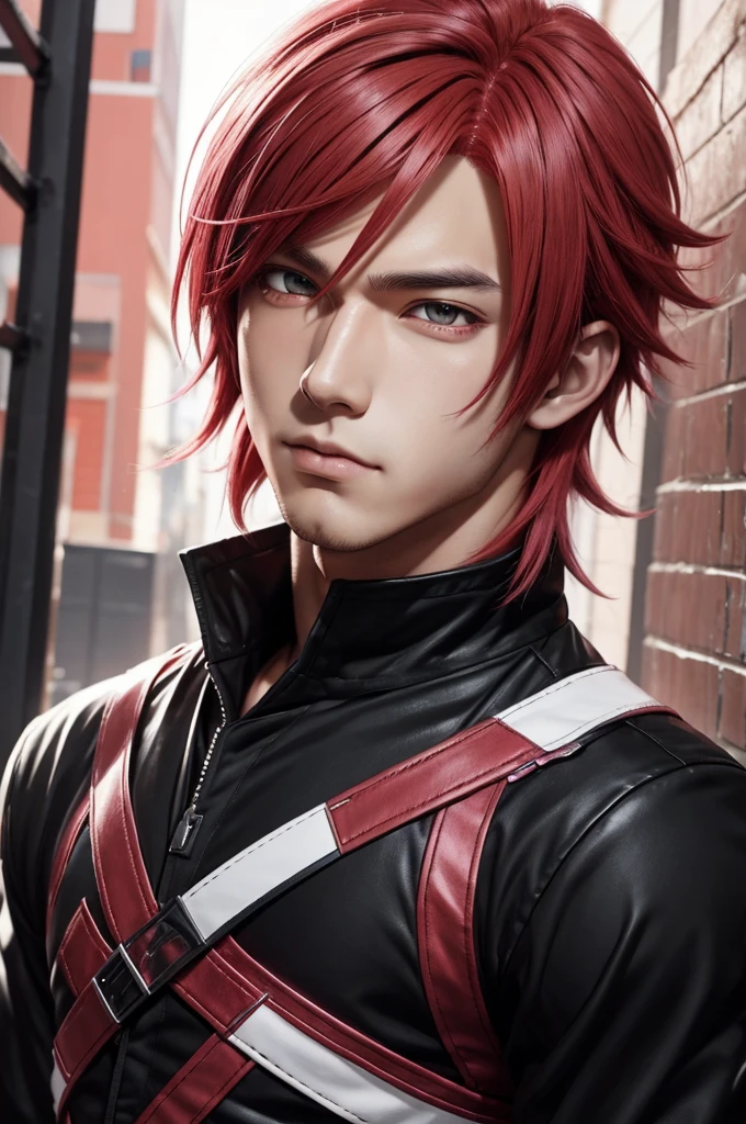 Man with pink and red hair and black clothes, handsome face, white eyes, highly detailed young anime, 4K walpaper manga, anime boy, detailed anime character art.