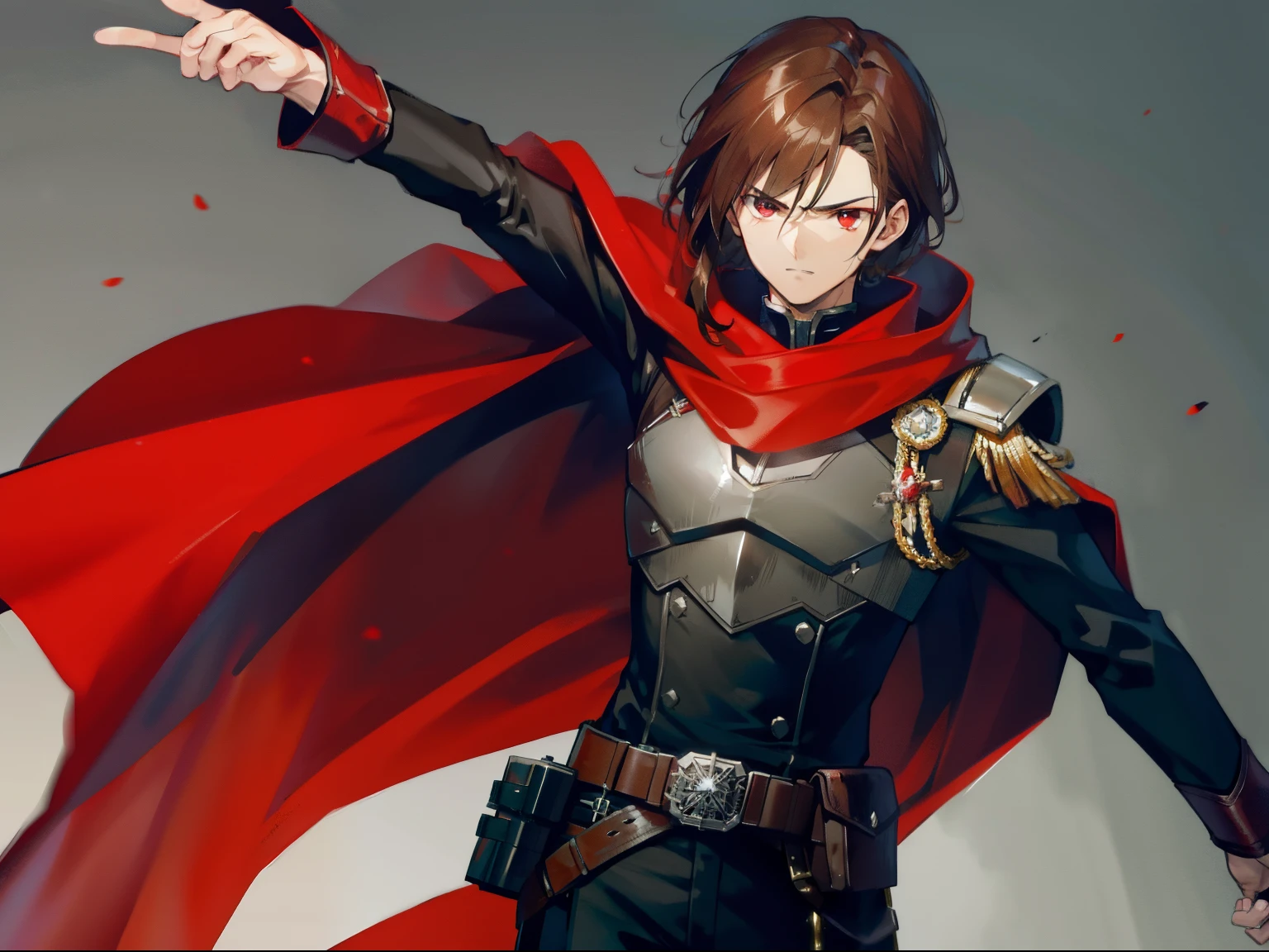 "Atmospheric battlefield, a badass man with brown hair and bright red eyes, wearing a black fantasy hero cloak, striking a powerful pose. 4k."