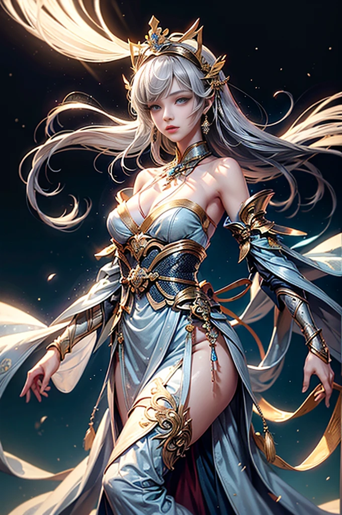 (Photoreal Stick:1.4, masutepiece:1..3, 8K), top-quality, masterpiece, 超A high resolution, Perfect dynamic composition, Professional camera work, Grow Light Effect, Realistic portrait, Cinematic Light, Highly detailed skin and facial texture:1.3, The ultra-detailliert, A detailed eye, cosmic space, (Fanciful:1.3, dream:1.2, tradition:1.2, majestueux:1.2), 1girl in, 25-years old, cute sexy slim female god, Fair skin, (Enraptured look:0.9, Totally captivates you:1.0), (silver japanese kimono:1.3 off shoulder), (voluptuous breasts:0.9), (Backshots, Calm pose), (Beautiful blue eyes, Eyes that feel beautiful eros:0.85), Sexy face:0.4, (A mouthfeel that feels beautiful eros:0.85), ((Too cute beauty:0.9))