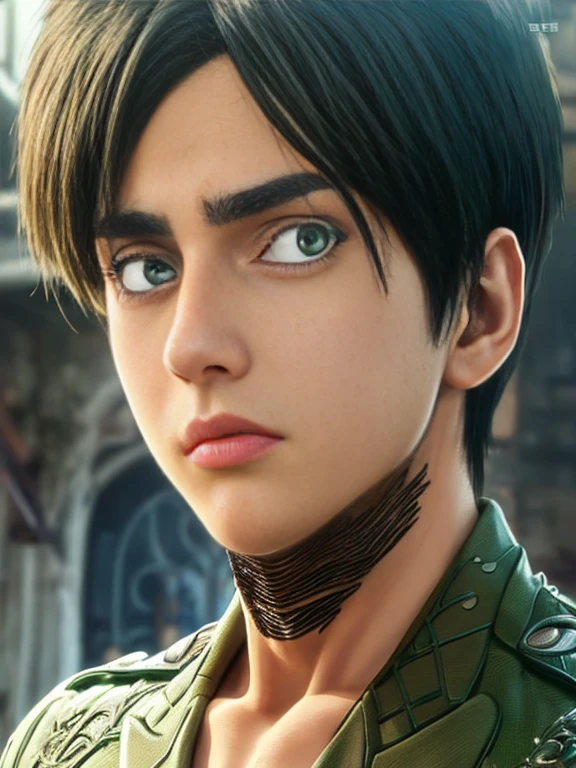 ((highest quality, masterpiece, 4k, finely detailed, detailed eyes, detailed face, intricate details, pixiv, gelbooru)), ((solo)), (((1boy, male, handsome, masculine, , (((Eren Yeager (Shingeki_No_Kyojin))), (((short, messy, dark brown hair))), (((dark green eye color))) , sweating a lot, looking at viewer, (((smiling))), slight blush on cheeks, shirtless, big and soft pecs, shirtless