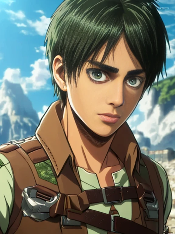 ((highest quality, masterpiece, 4k, finely detailed, detailed eyes, detailed face, intricate details, pixiv, gelbooru)), ((solo)), (((1boy, male, handsome, masculine, , (((Eren Yeager (Shingeki_No_Kyojin))), (((short, messy, dark brown hair))), (((dark green eye color))) , sweating a lot, looking at viewer, (((smiling))), slight blush on cheeks, shirtless, big and soft pecs, shirtless