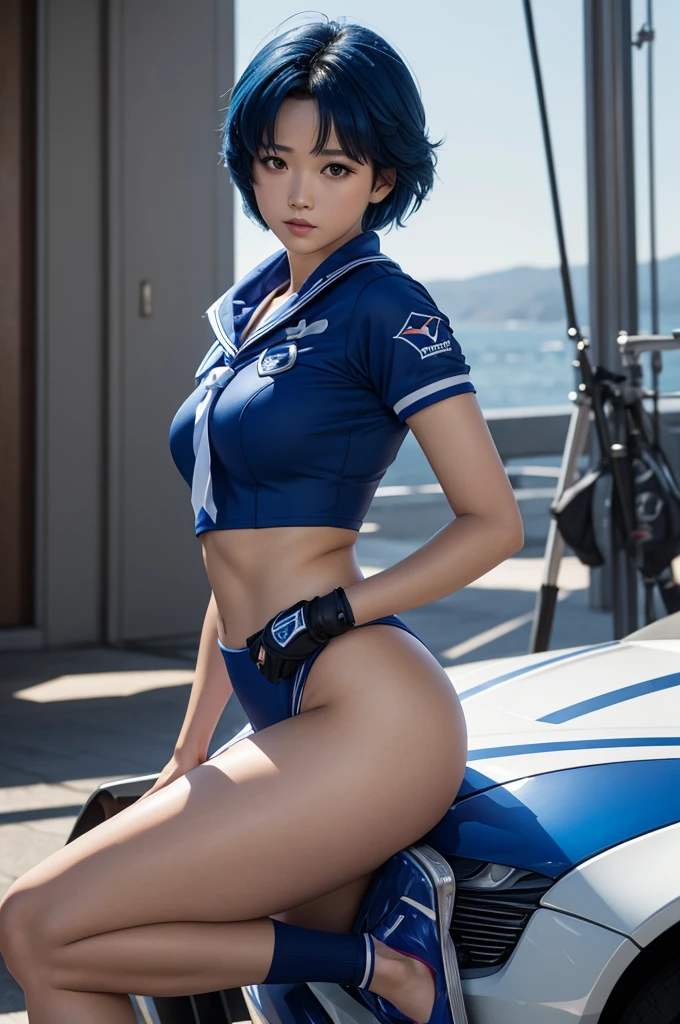 (masterpiece), (best quality), realistic, cinematic light, Mizuno Ami, Sailor Mercury, stand, battlefield background, perfect body, blue hair, uniform