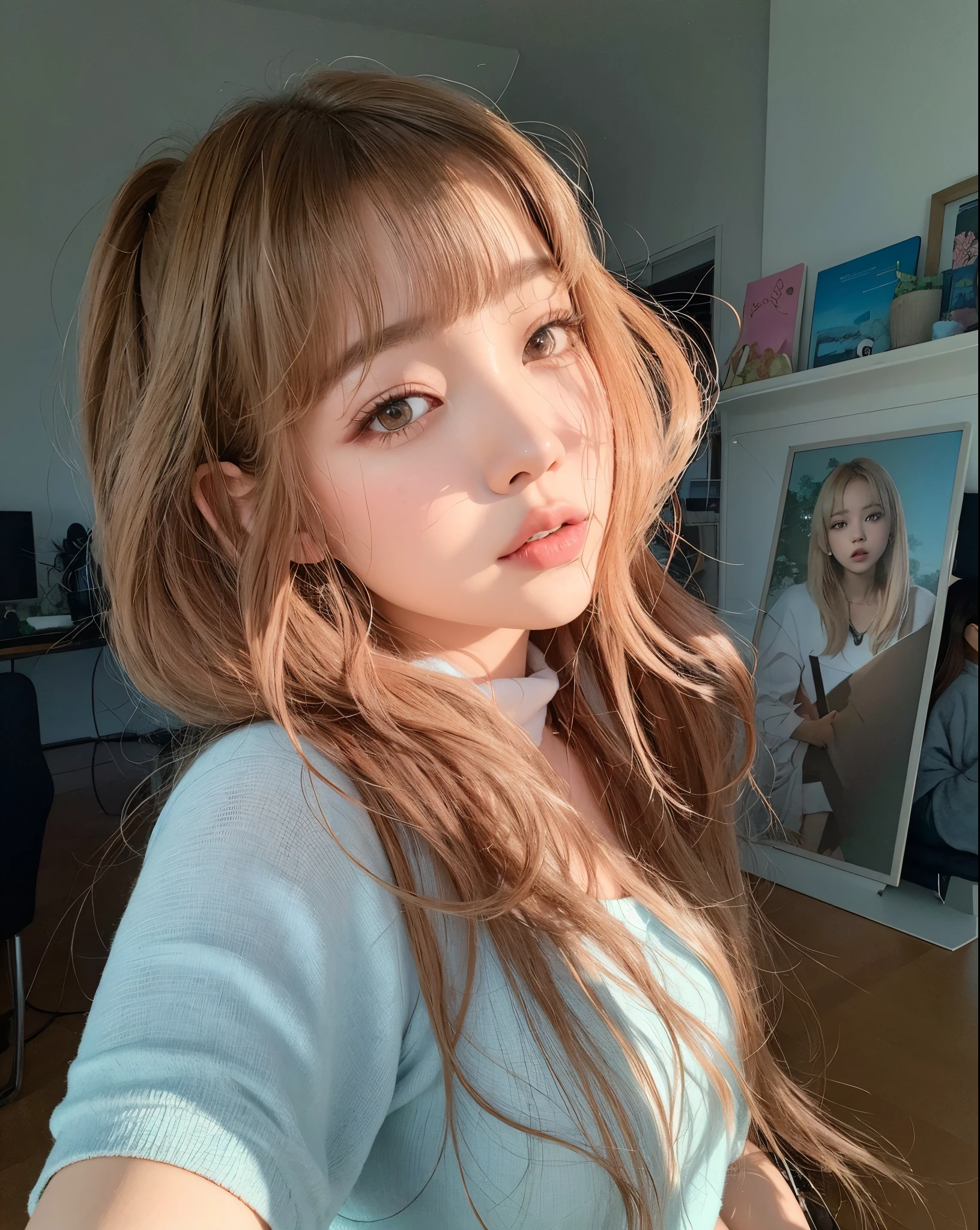 there is a woman taking a selfie with her cell phone, Lalisa Manobal, Lalisa Manoban de Blackpink, con flequillo, Parque Roseanne de Blackpink, Jinyoung Shin, Bae Suzy, Retrato de Jossi de Blackpink, flequillo esponjoso, con flequillo completo, tzuyu de dos veces, Jossi de Blackpink, Heonhwa Choe, Pelo largo con flequillo