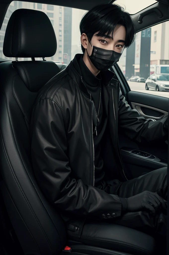 arafed man in a car with a black jacket and a cell phone, male ulzzang, jinyoung shin, jinyoung shin aesthetic, 1 7 - year - old boy thin face, kim doyoung, wearing all black mempo mask, ulzzang, jungkook, boy has short black hair, cai xukun, kanliu666